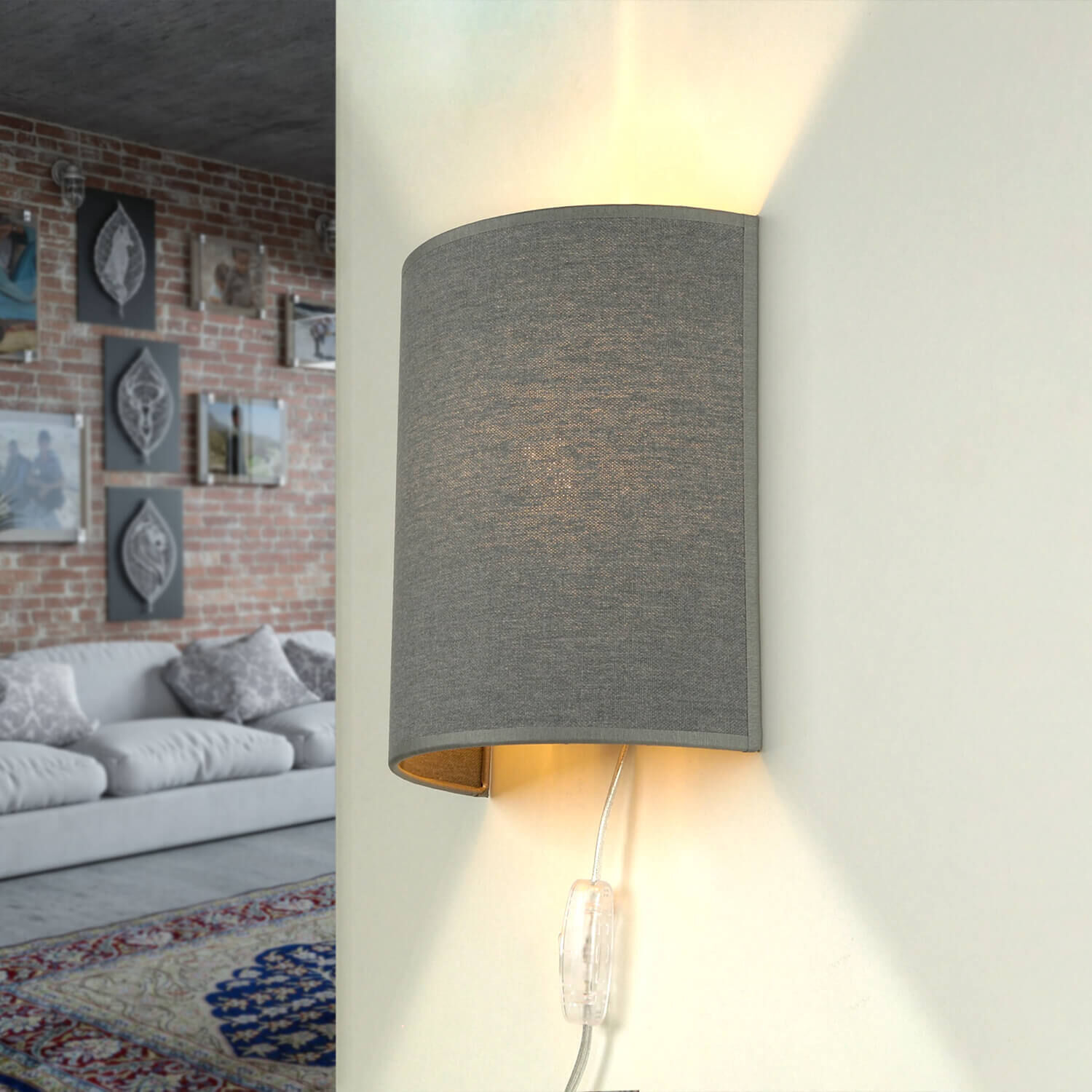 Wandleuchte, Wandlampe, Wandbeleuchtung, Lichtquelle, Graue Stoffleuchte