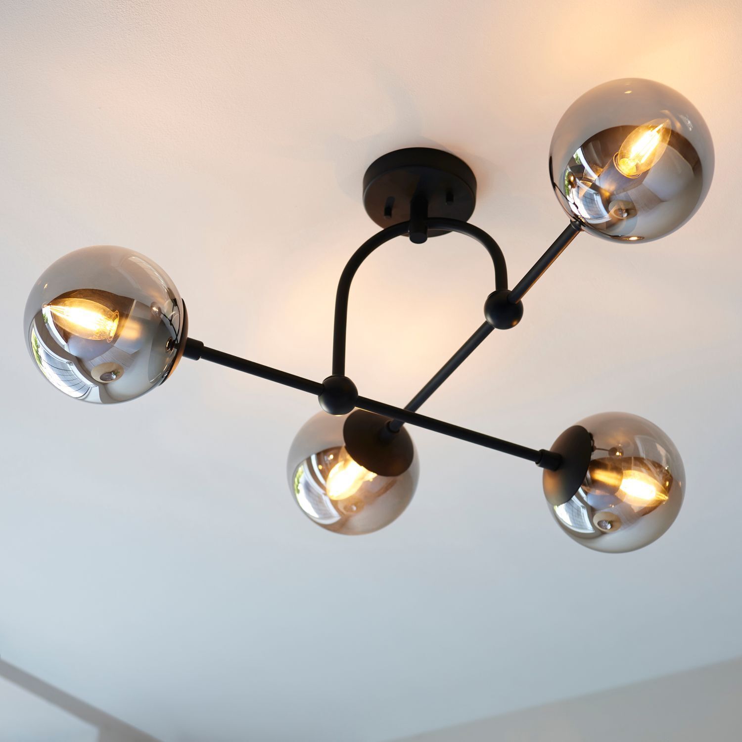 Lampe de plafonnier métal verre fumé L : 70,5 cm noir gris 4x E14