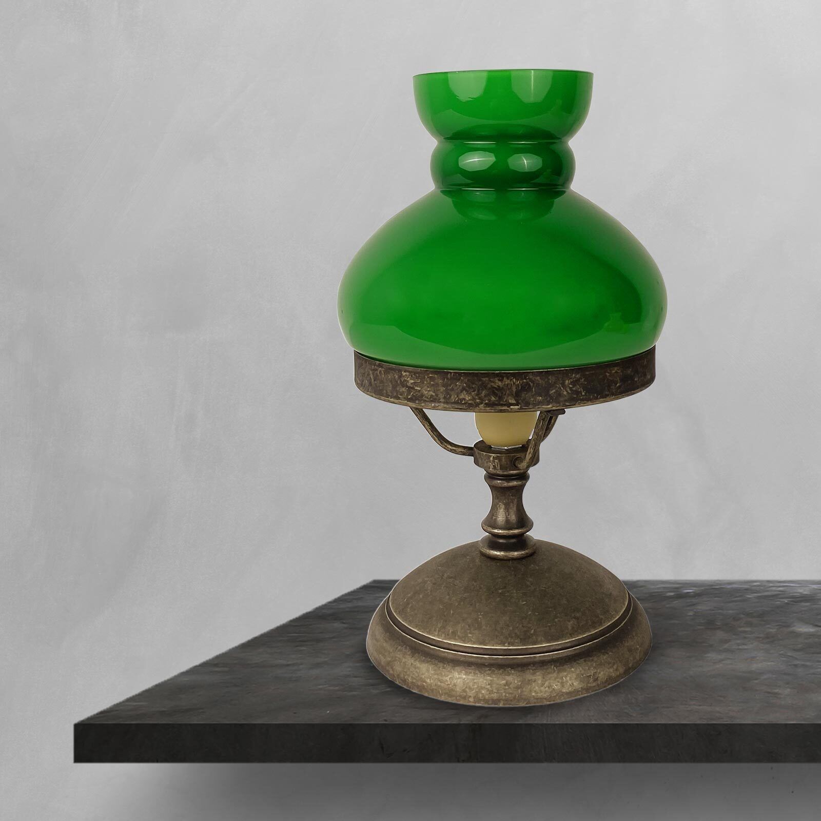 Lampe de table vert bronze antique H : 23,5 cm petit verre laiton E14