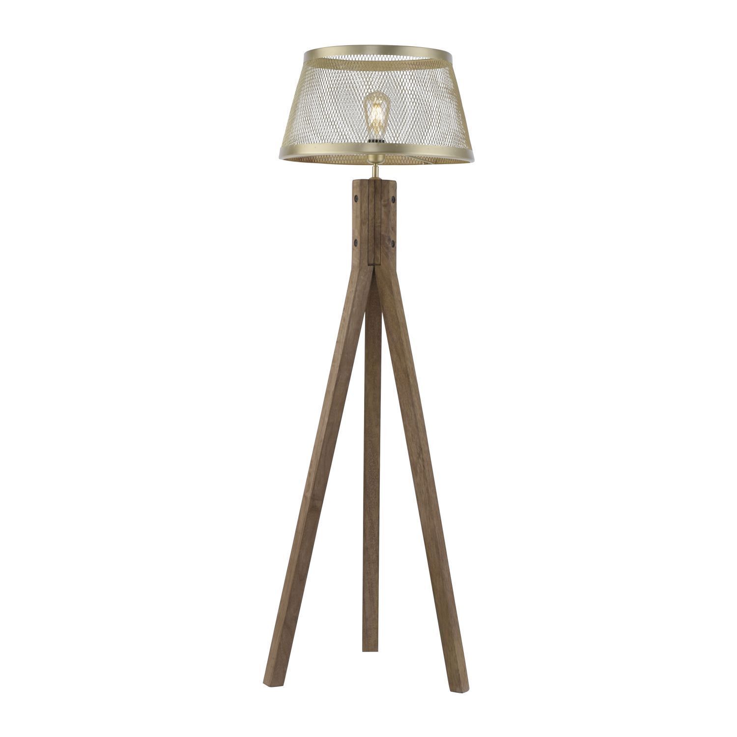Tripod Lampadaire bois métal en laiton mat E27 145 cm