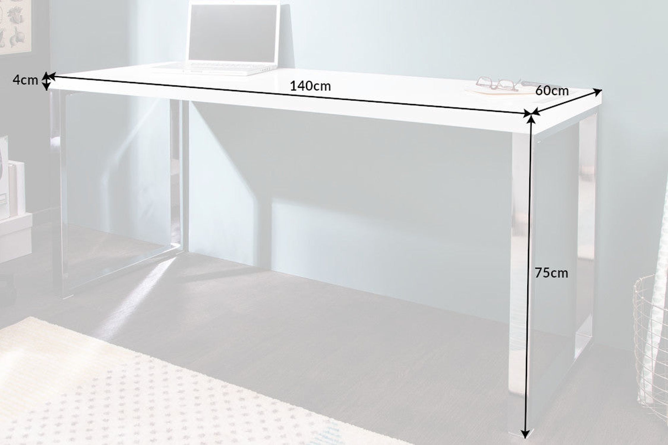 Bureau blanc brillant chromé 140 x 75 cm Schreibtisch, Mobiliar, Tabelle, Computer, Elektronik