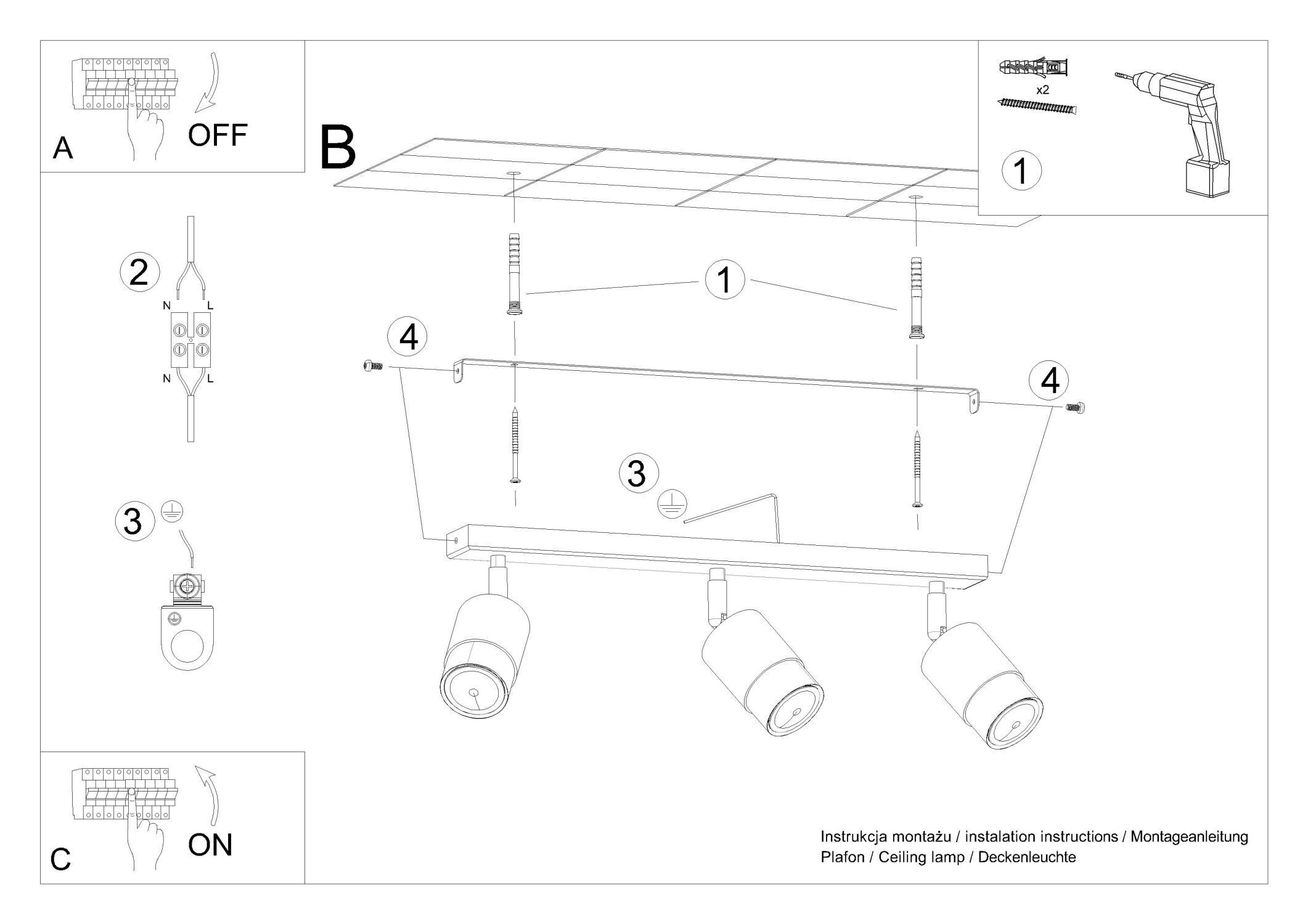 Spot de plafond métal noir or 3 flammes 45 cm de long