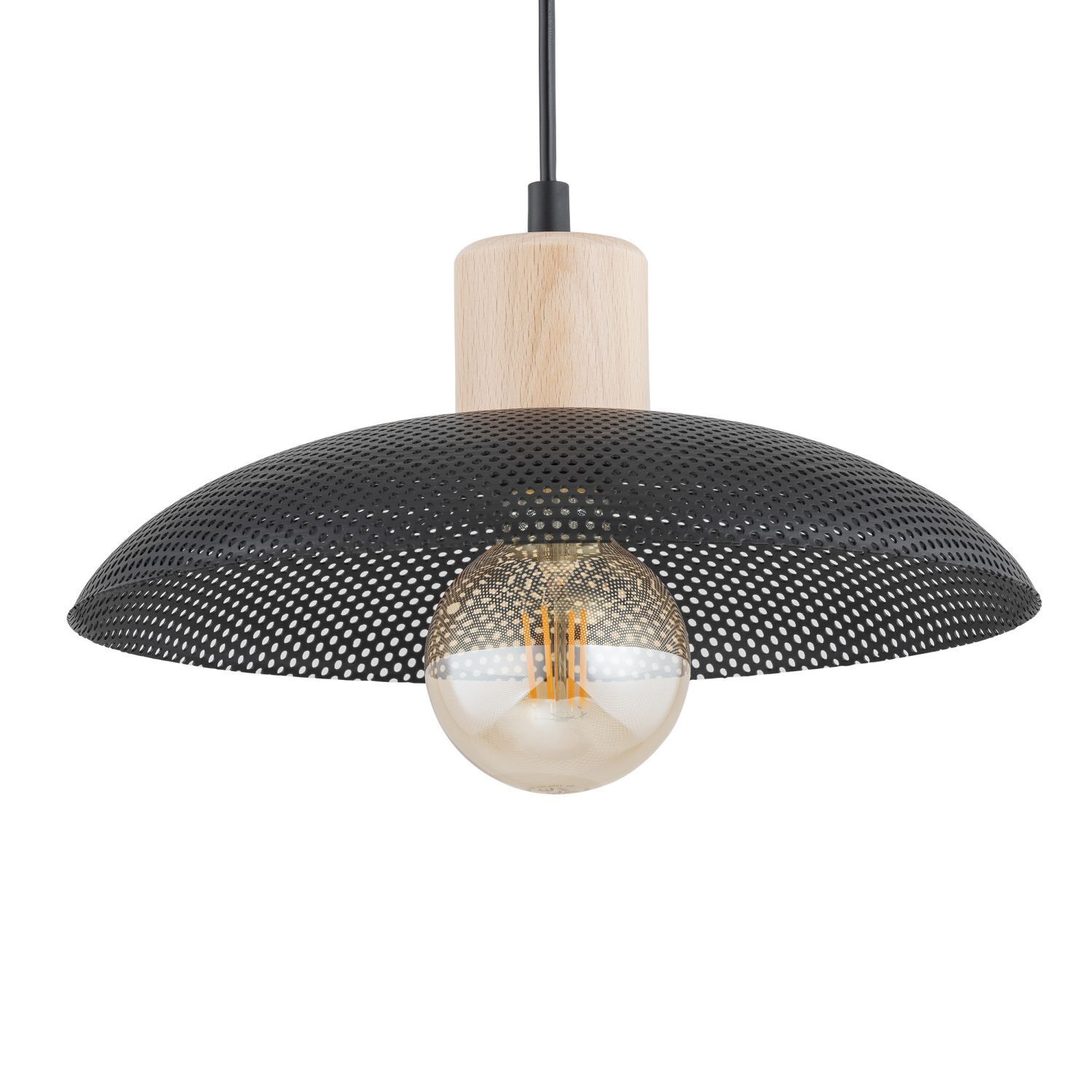 Lampe à suspendre métal Ø 30 cm noir imitation bois E27 Loft