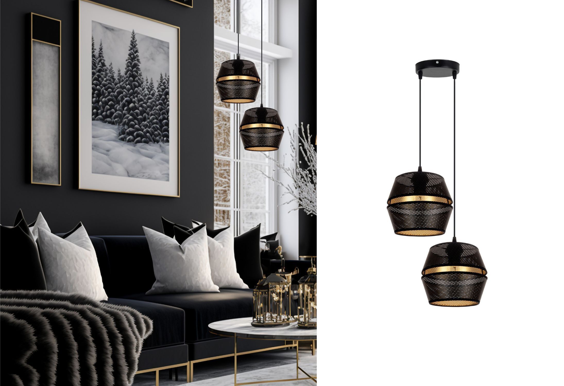 Suspension noir or métal 2 flammes L:40 cm E27