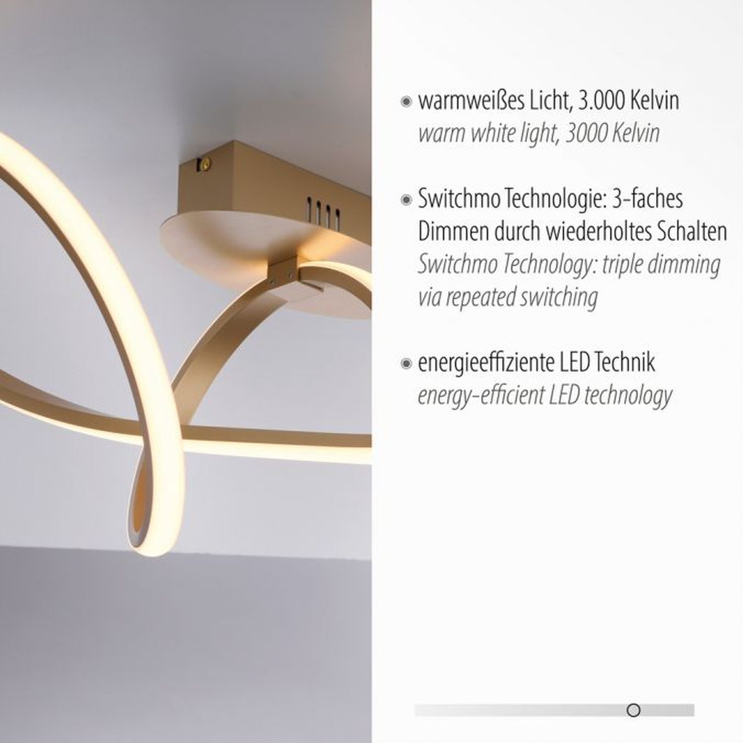 Dimmbare LED Deckenlampe in Messing 3000 K warmweiß