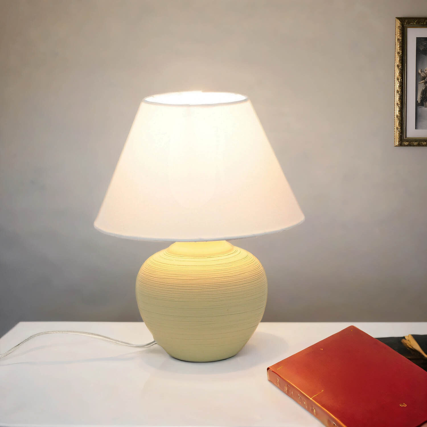 Lampe de table en céramique Abat-jour en tissu avec interrupteur E14