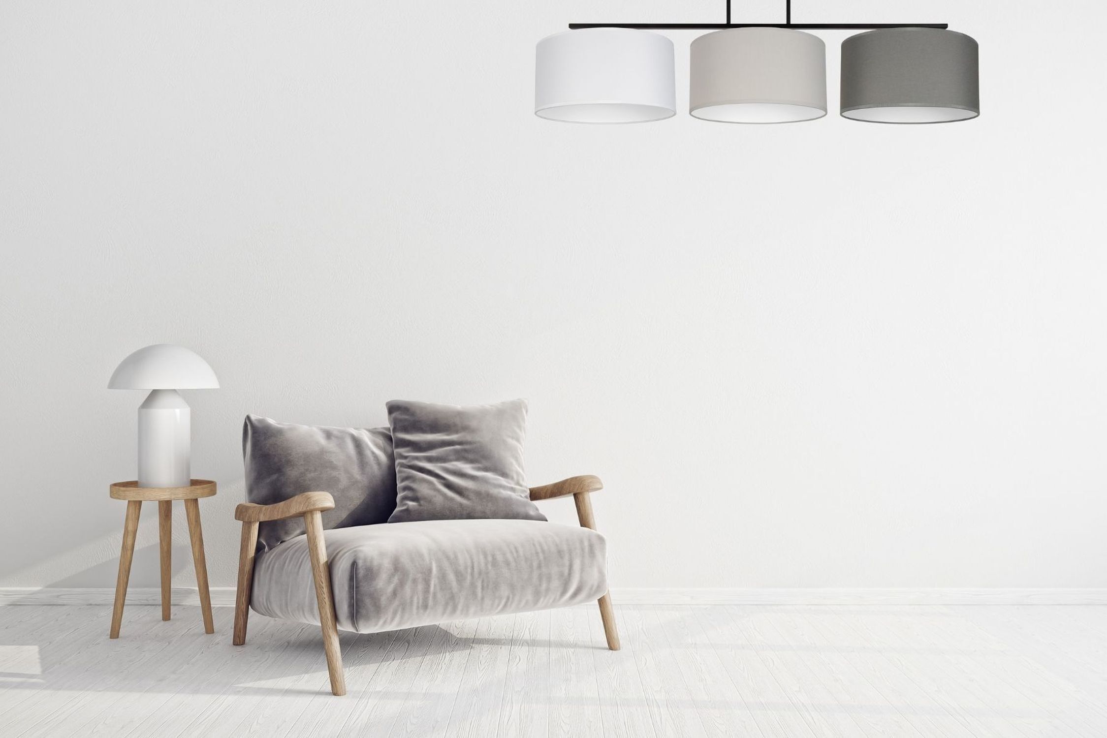 Deckenleuchte Stoff Weiß Ecru Graphit E27 L:100 cm Sessel, Beistelltisch, Lampe, Kissen, Wohnzimmer