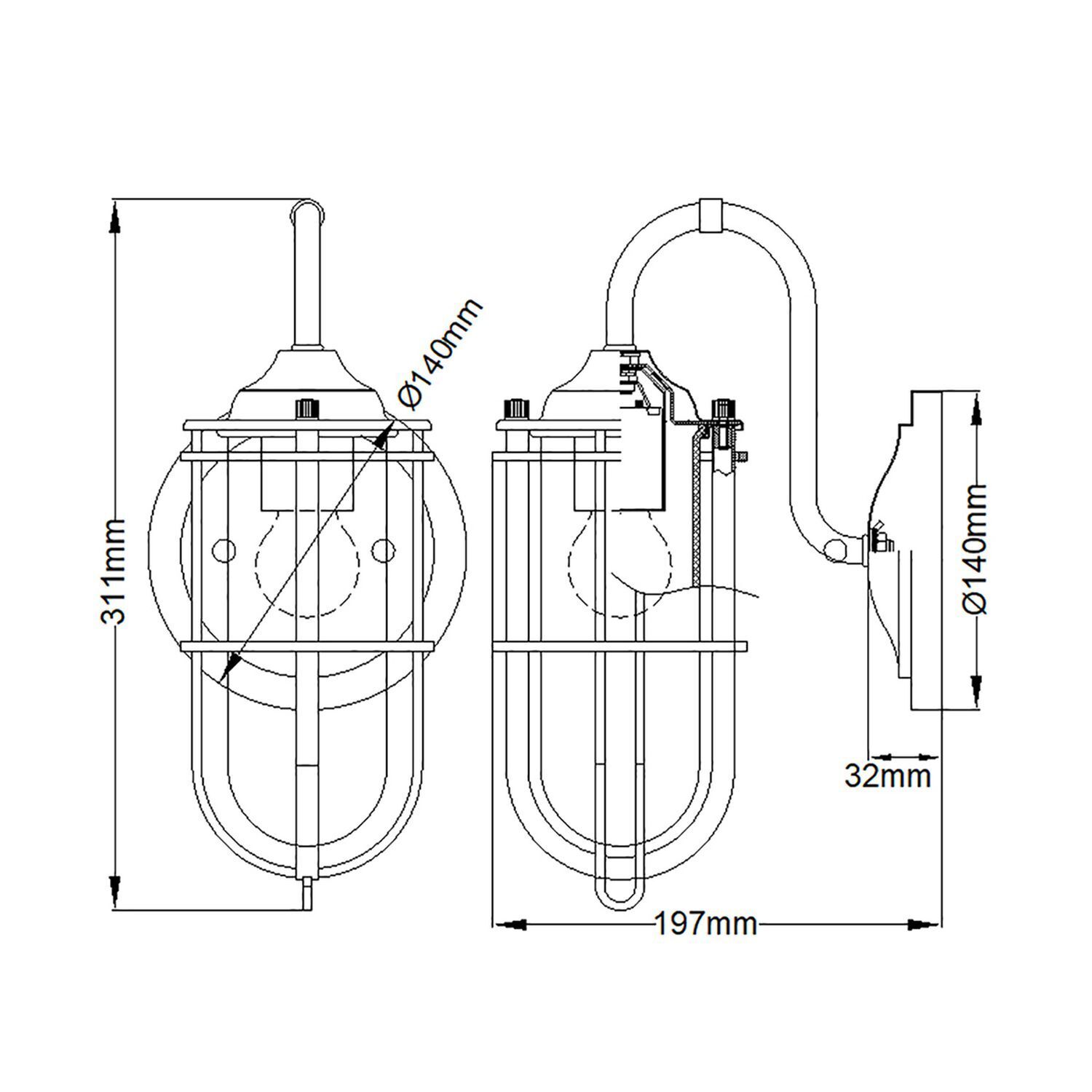 Lampe de salle de bain murale métal verre E27 IP44 H : 31,1 cm Vintage CAD-Diagramm, Diagramm