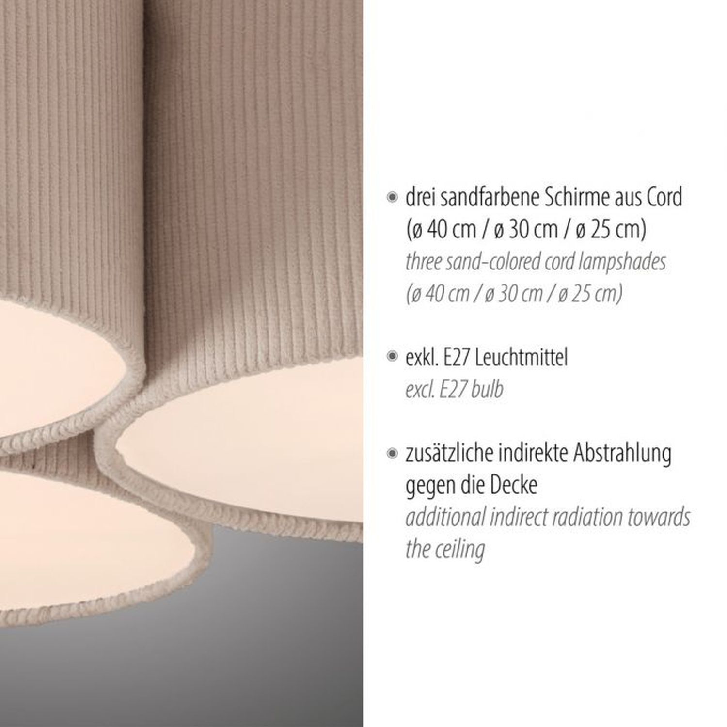 Lampe de plafonnier confortable Beige E27 L:70 cm 3-flmg faible éblouissement