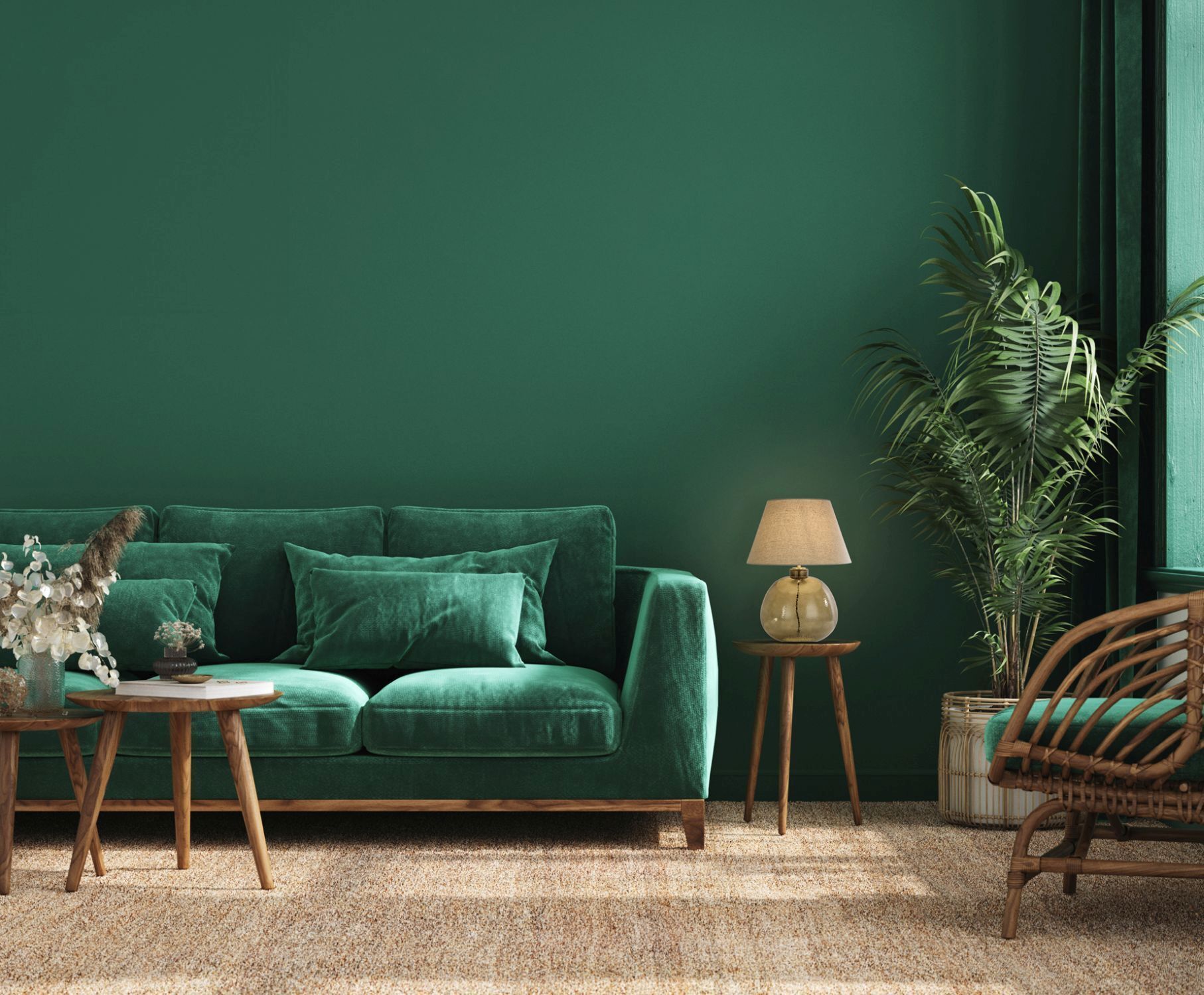 Sofa, Grün, Samt, Wohnzimmer, Pflanze