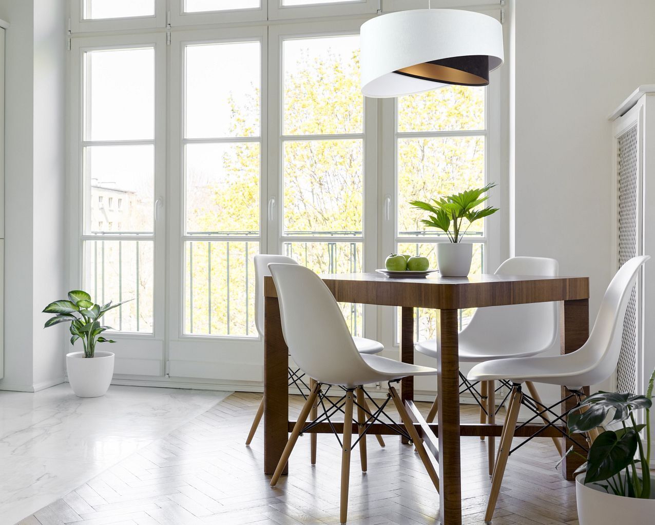 Hängeleuchte E27 rund Ø 50 cm Stoff Weiß Schwarz Gold Tabelle, Esstisch, Fenster, Esszimmer, Französisches Fenster