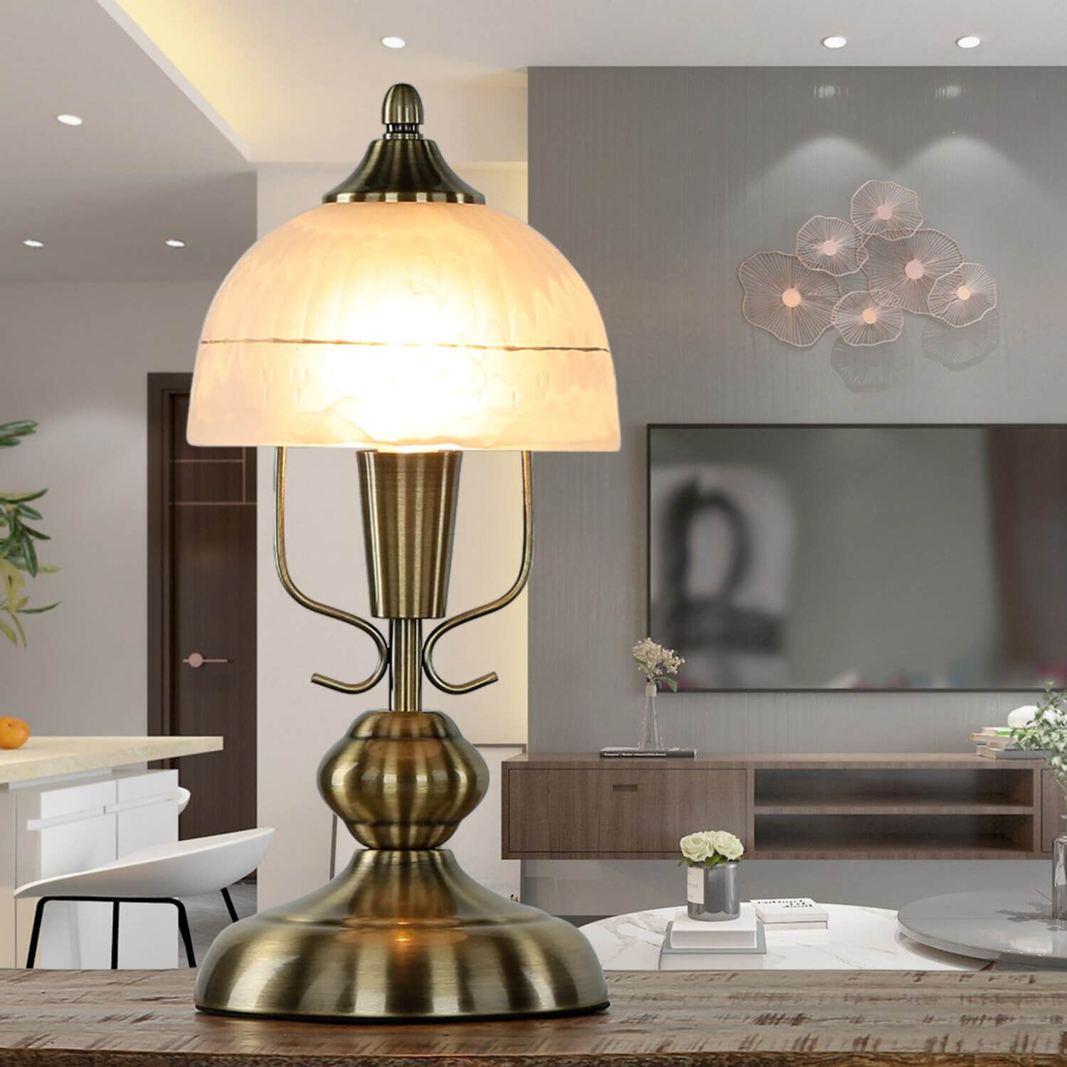 Lampe de table verre métal 35 cm en bronze blanc Art Nouveau Lampe, Tischlampe