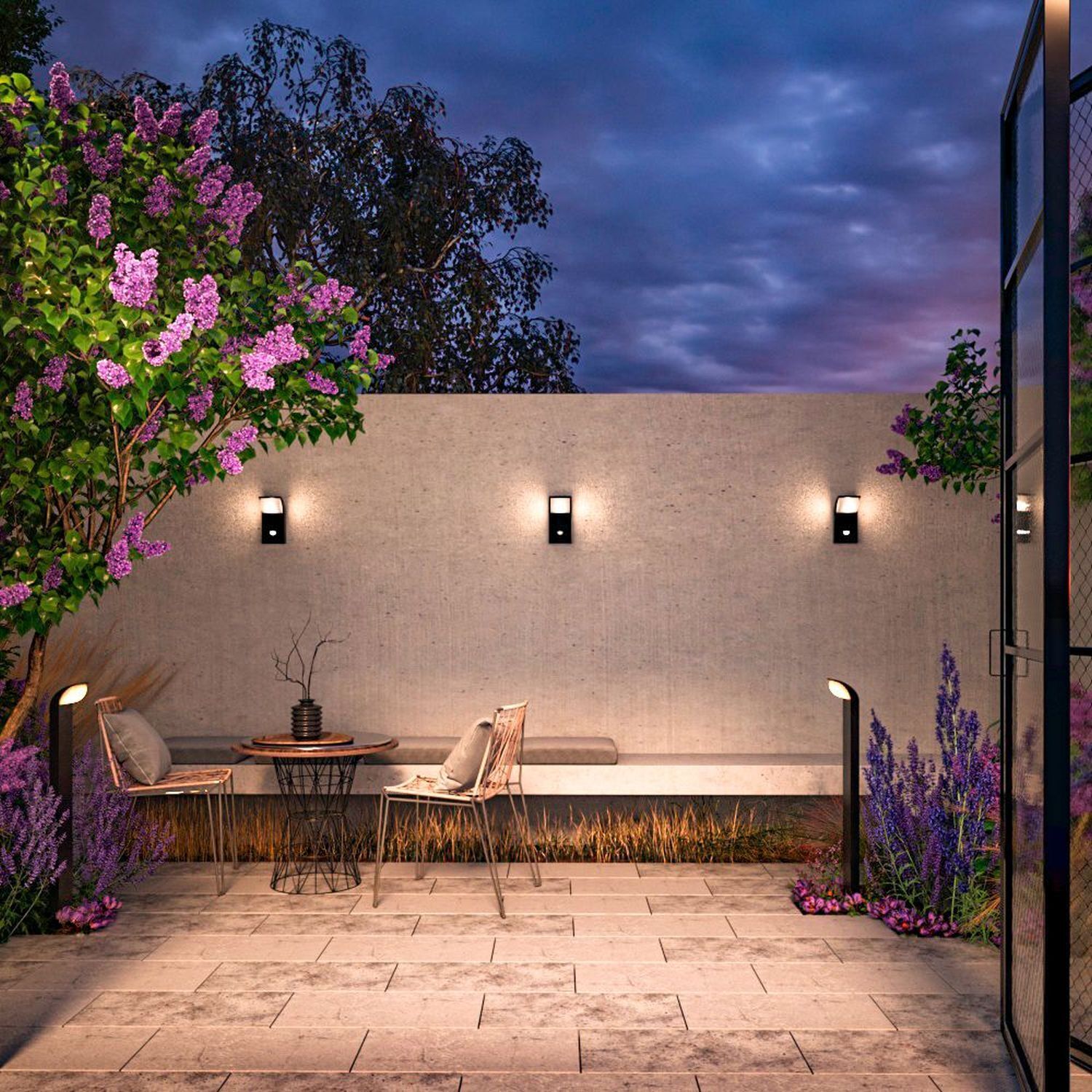 outdoor seating, Patio, Lounge set, Wandlampen, Gartendekoration