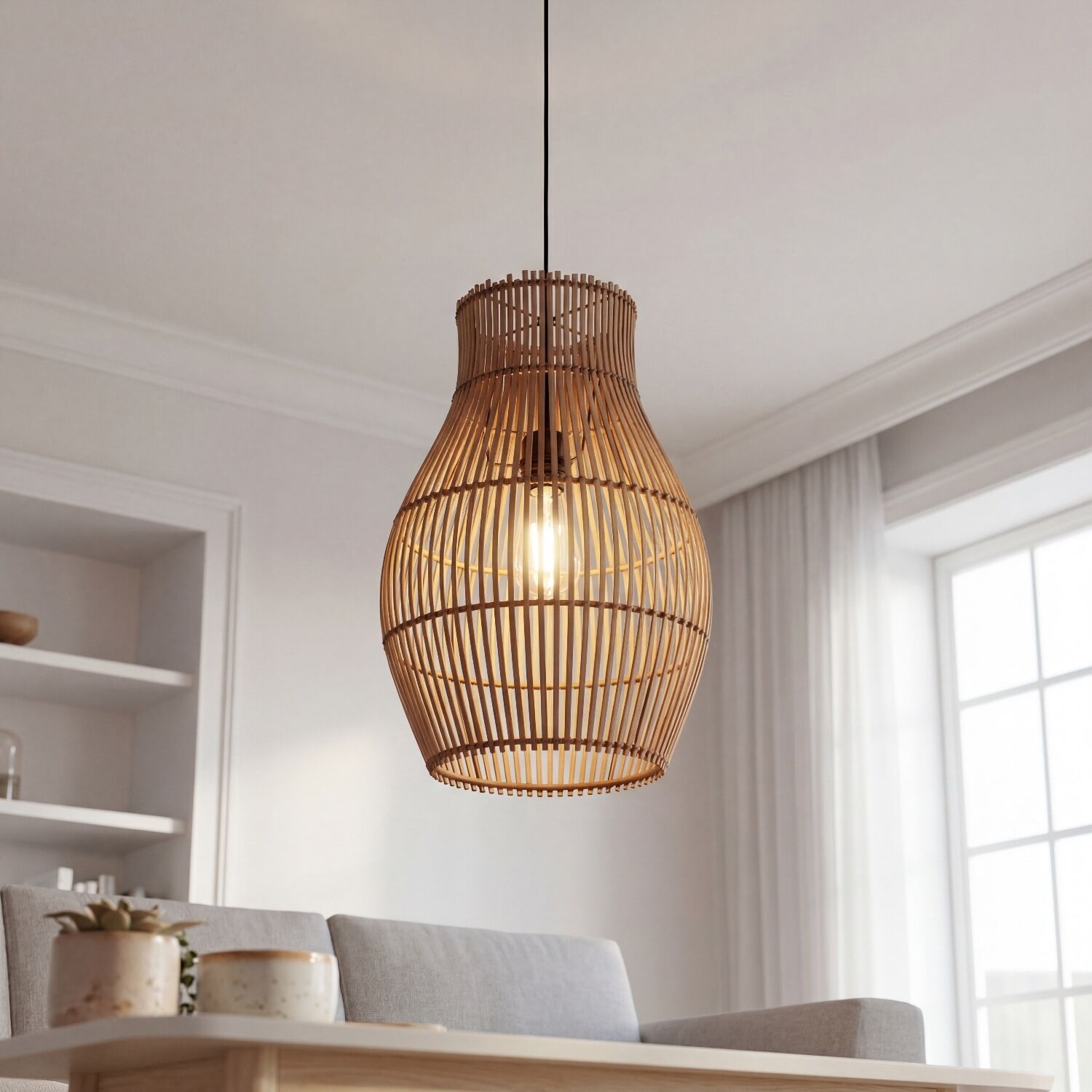 Lampe à suspendre Bambou Naturel Noir rond Ø30 cm E27 Moderne