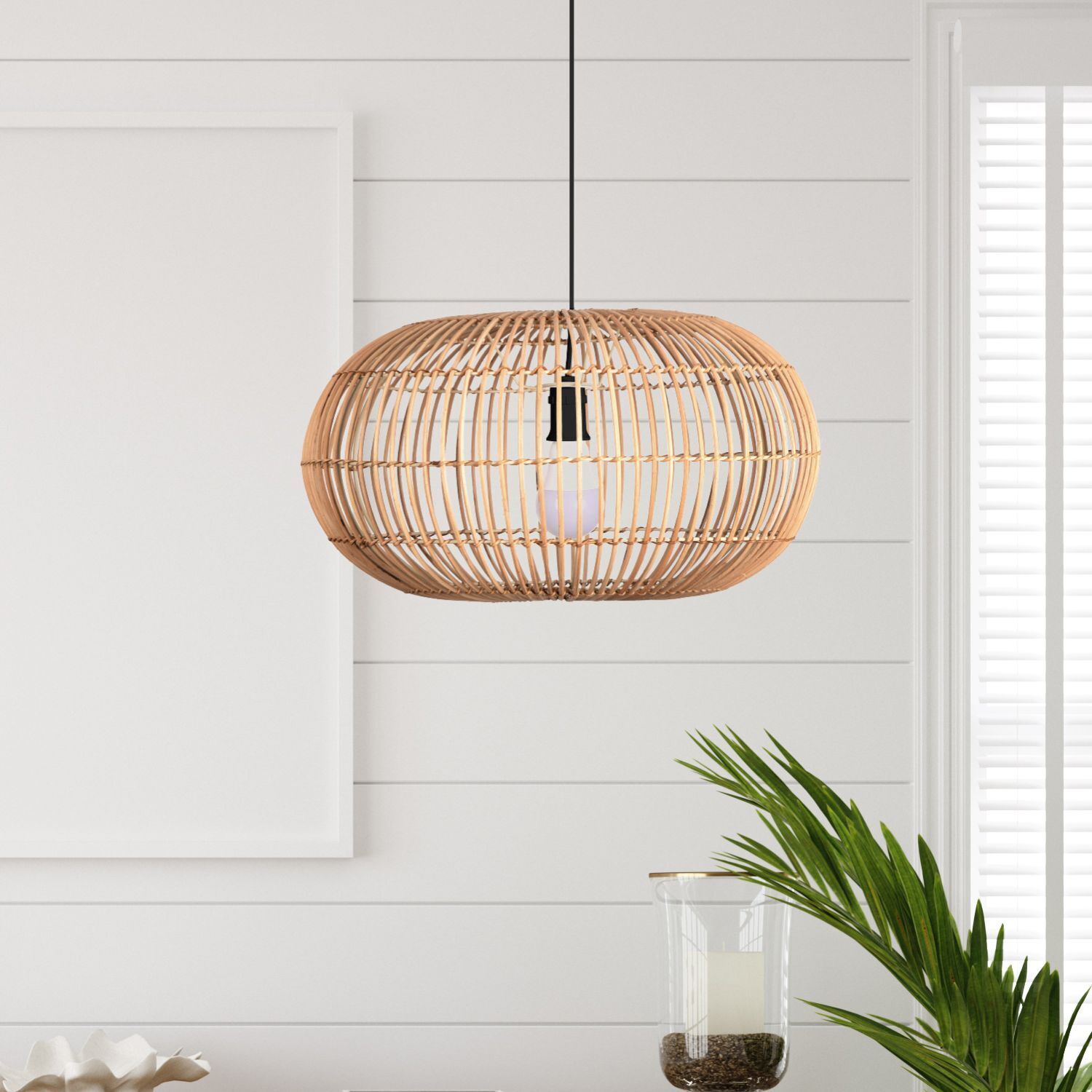 Suspension Corbeille Bambou D : 48 cm E27 Ø 48 cm Noir Naturel