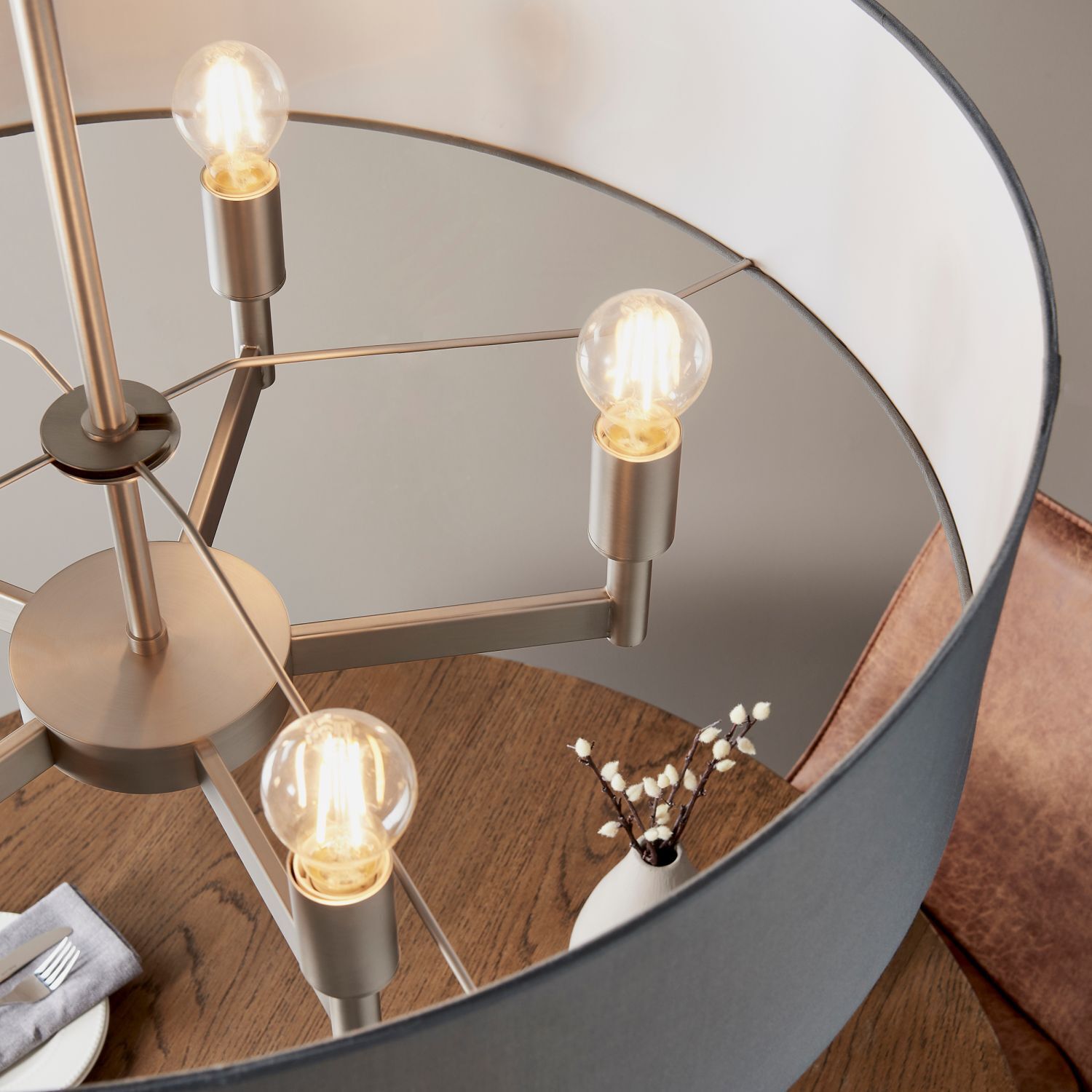 Lampe à suspendre ronde Ø 80 cm tissu métal 5x E27 en nickel gris
