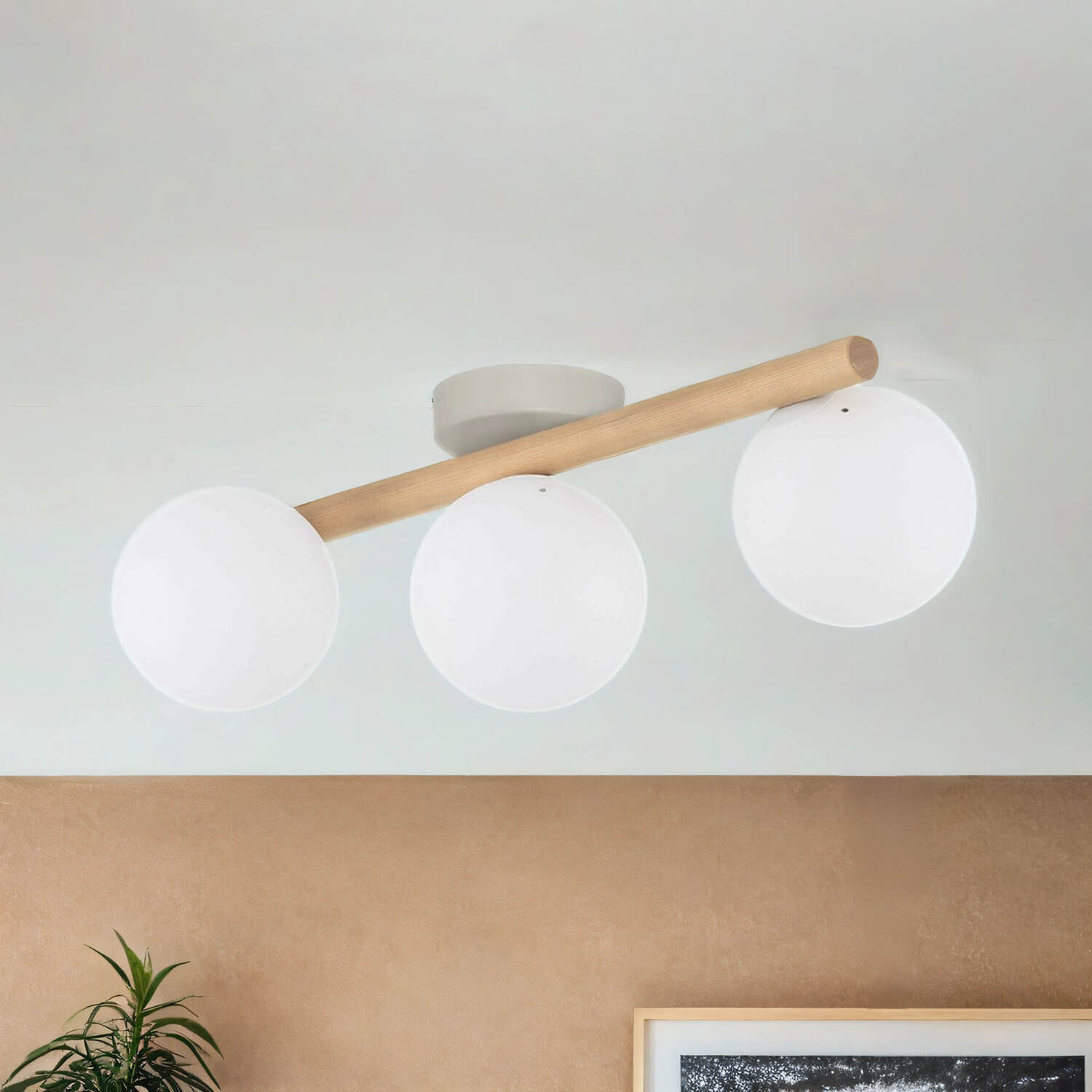 Deckenlampe Holz Glas 47 cm lang G9 in Hell Weiß 3-flammig Deckenleuchte