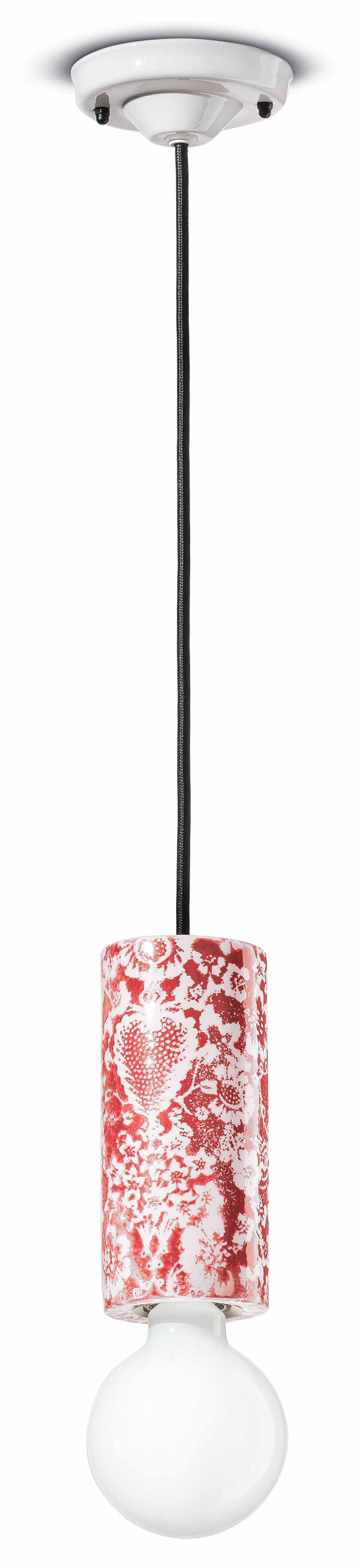 Lampe à suspendre céramique E27 ronde D : 8 cm Rouge Motif Rétro