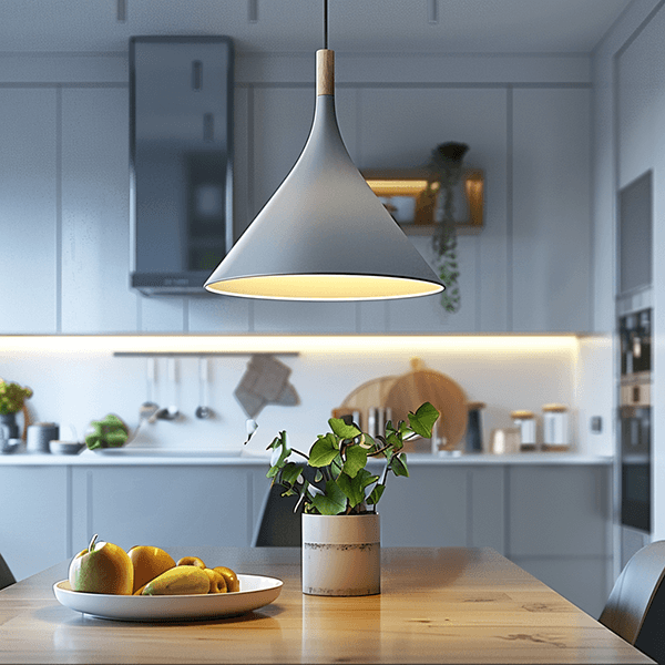 pendant light, kitchen, plant, fruit bowl, wood table