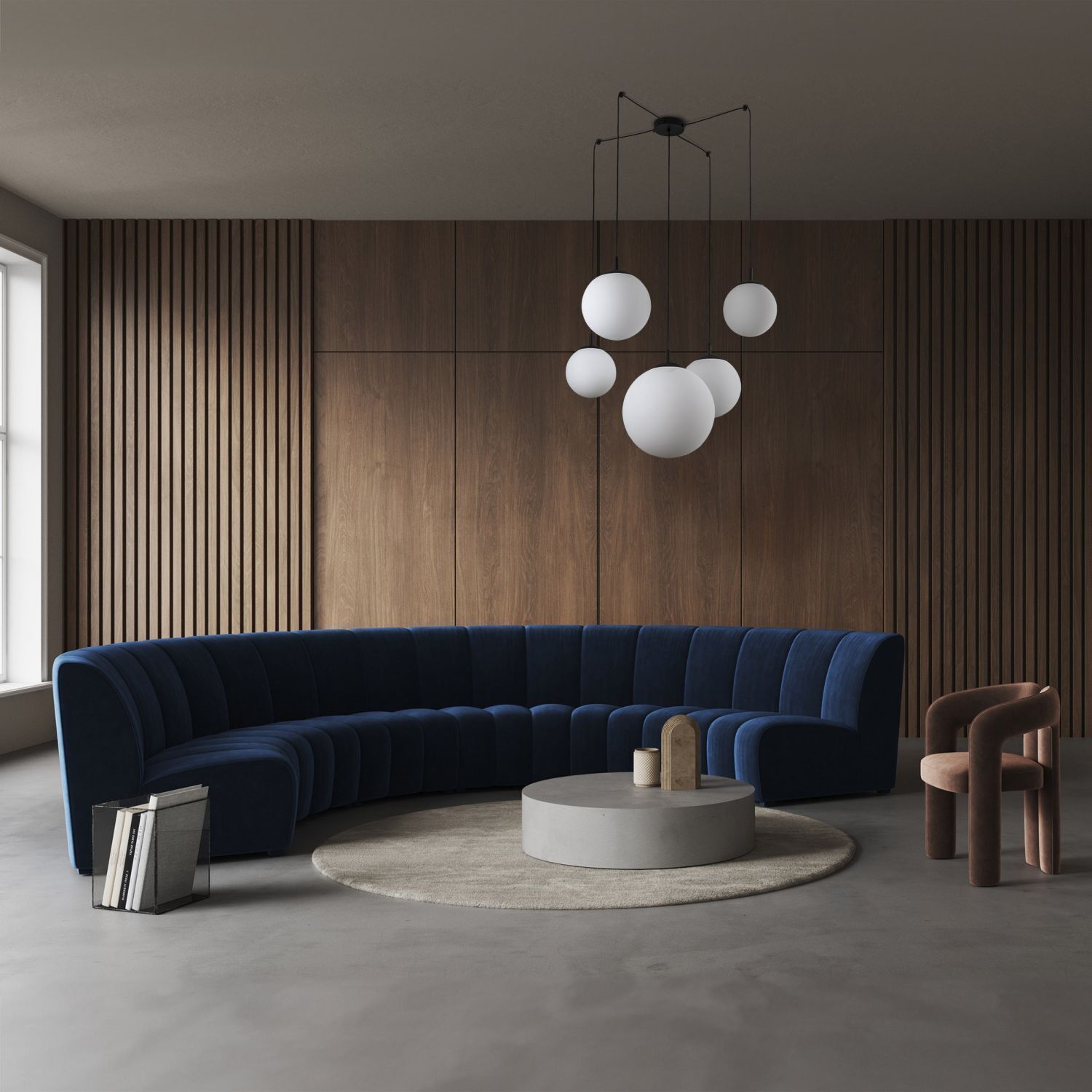 Suspension réglable L : max. 4 m verre métal 5x E27 Drinnen, Innenarchitektur, Paneele aus Holz, Teppich, Foyer