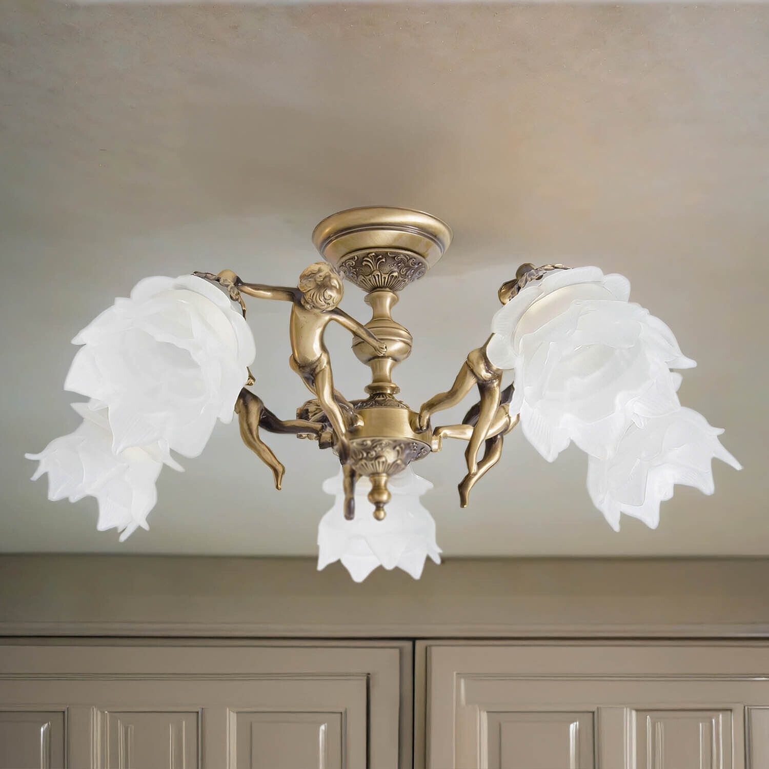 Deckenlampe Messing 5-flmg in Bronze Putti Leuchter, Lampe, Deckenleuchte, Leuchte