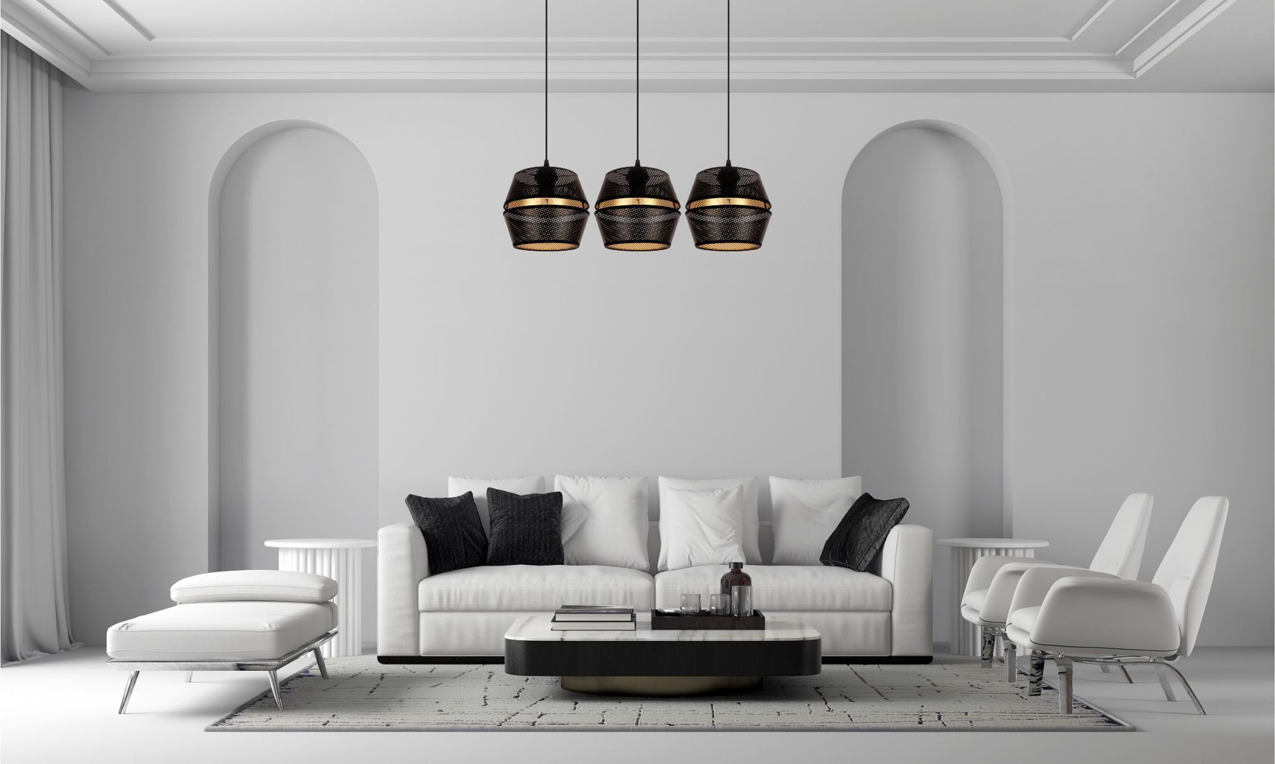 Hängelampe Metall Schwarz Gold E27 70 cm lang 3-flammig Wohnzimmer, Innenarchitektur, Couch, Dekoration für Zuhause, Tabelle