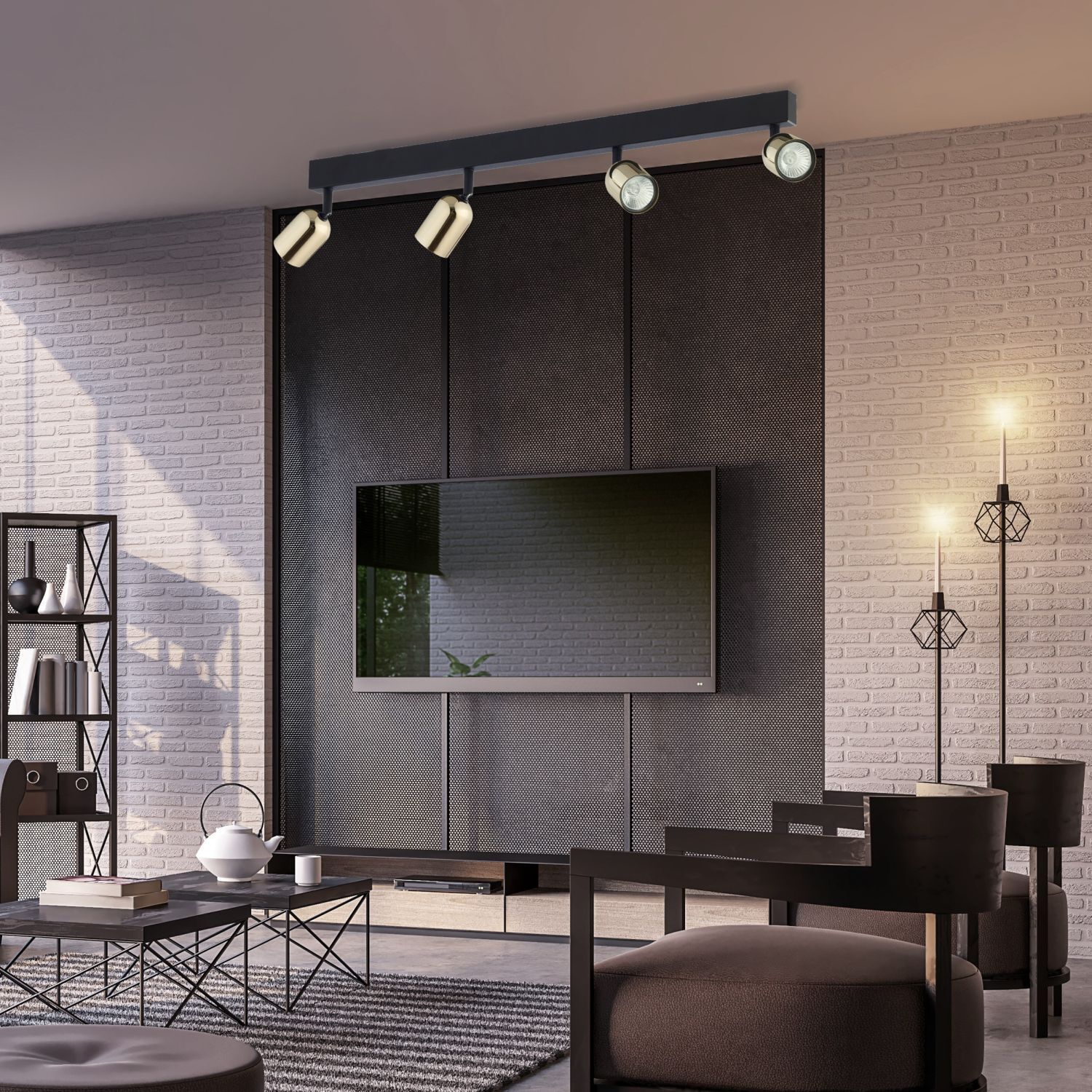 Spot de plafond salon 84 cm long métal noir or Drinnen, Innenarchitektur, Wohnzimmer, Dekoration Ihres Zuhauses, Holzpaneele