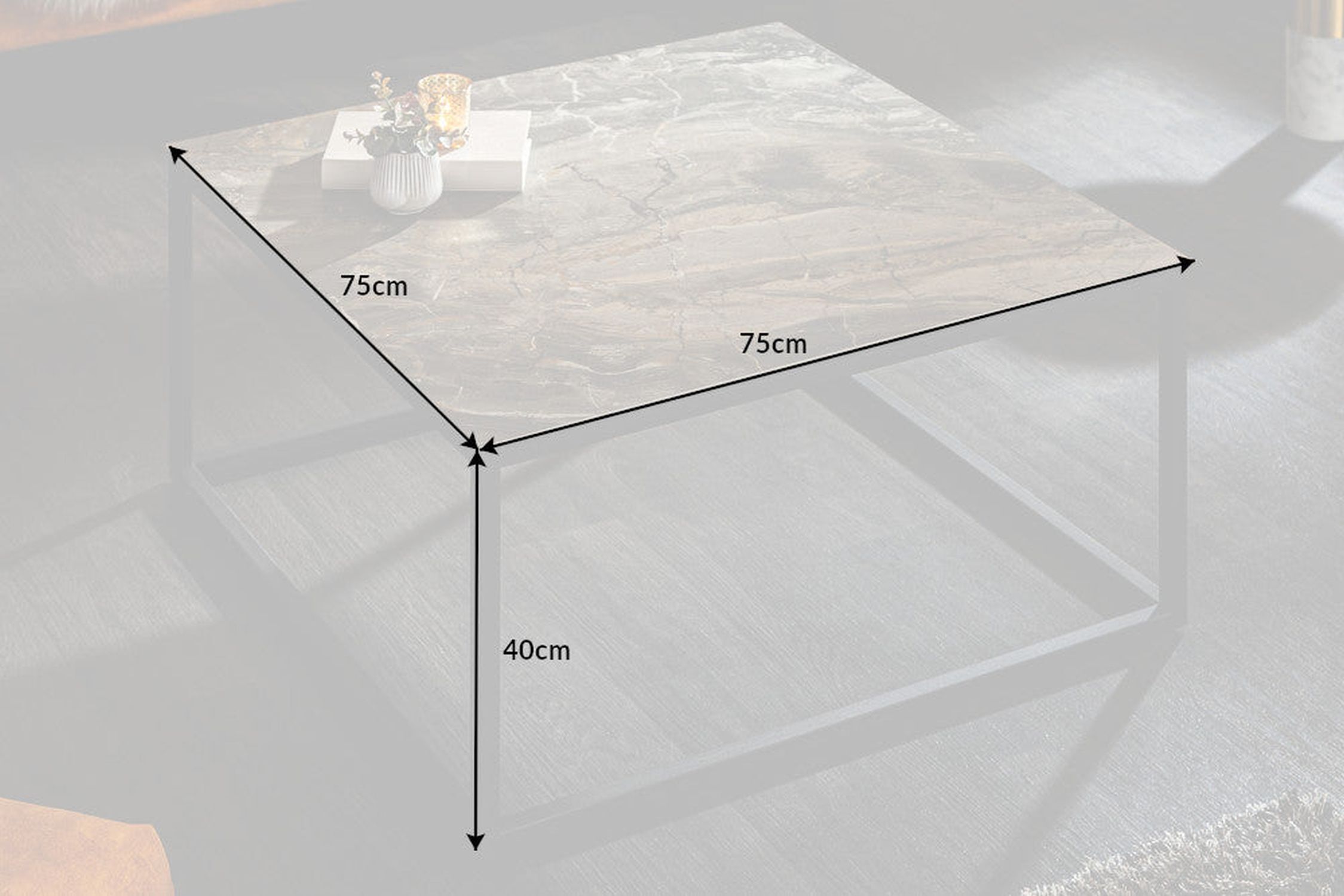 Couchtisch Keramik in Marmor Optik Schwarz 75x75cm (LxBxH) Kaffeetisch, Mobiliar, Tabelle, Tischplatte