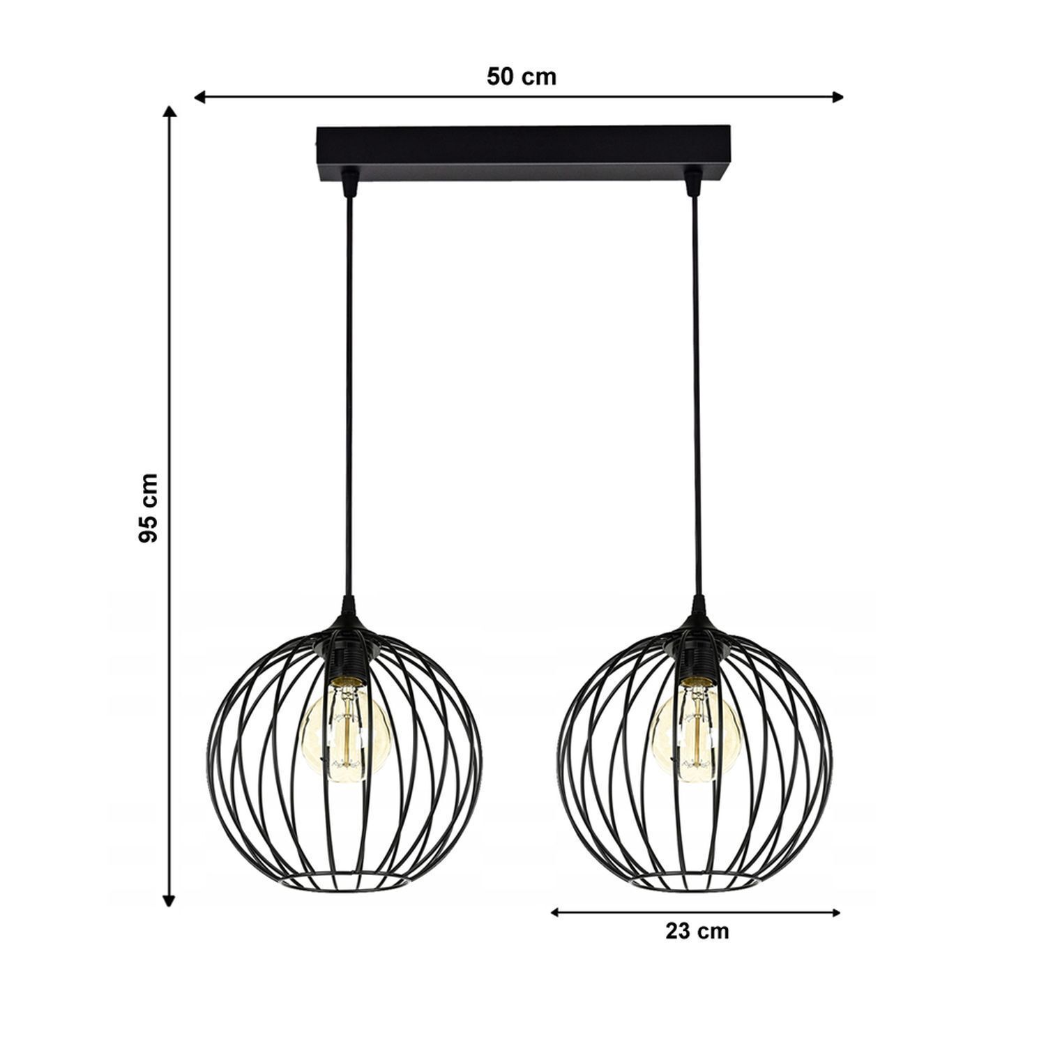 Suspension E27 noir métal 2 flammes L:60 cm
