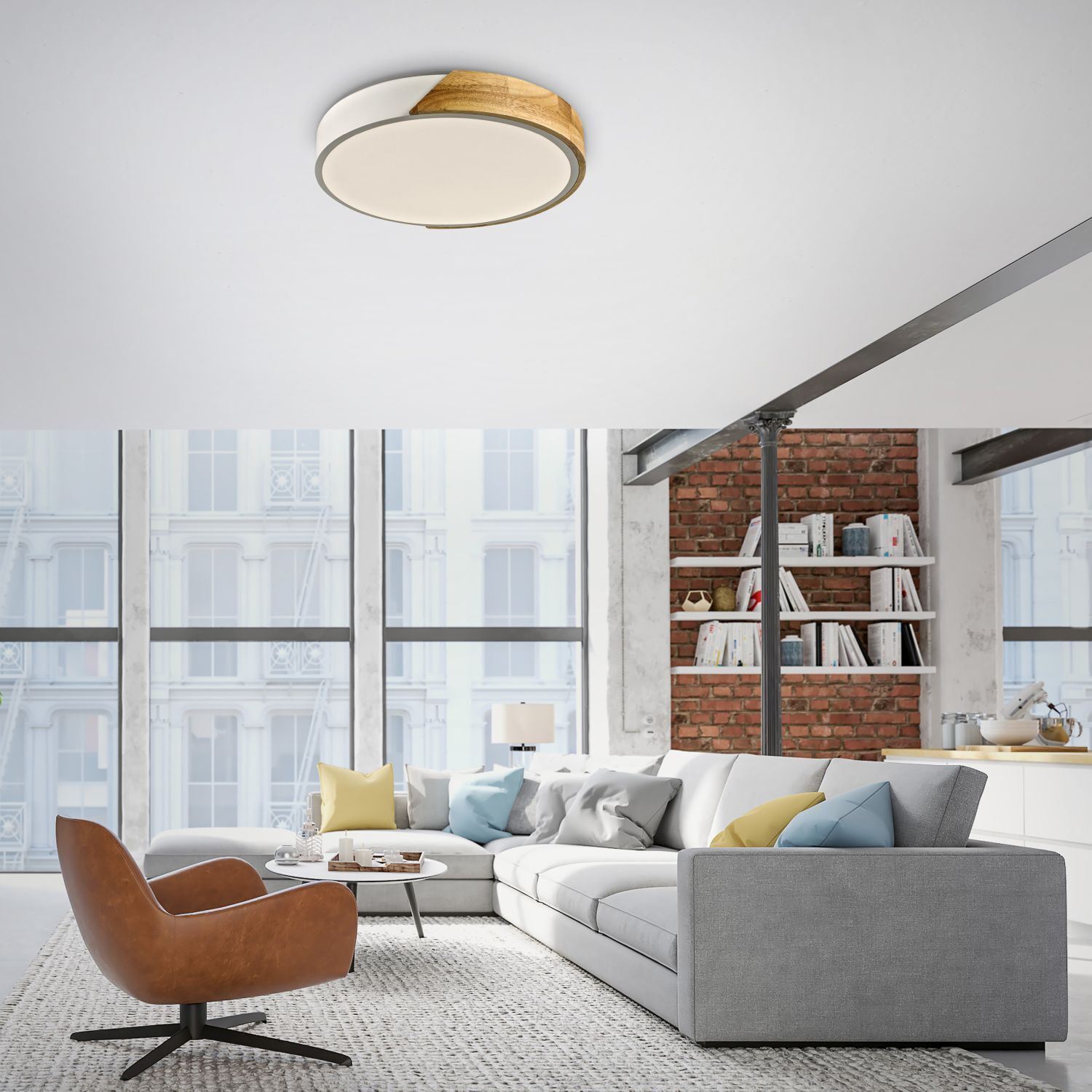 Lampe de plafonnier ronde LED bois Ø32 cm blanc naturel 2520 lm Dekoration für Zuhause, Mobiliar, Wohnzimmer, Zimmer, Innenarchitektur