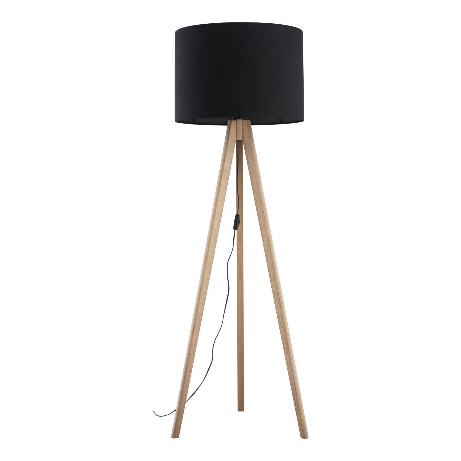 Lampadaire Trépied 145 cm petit pin noir bois tissu E27