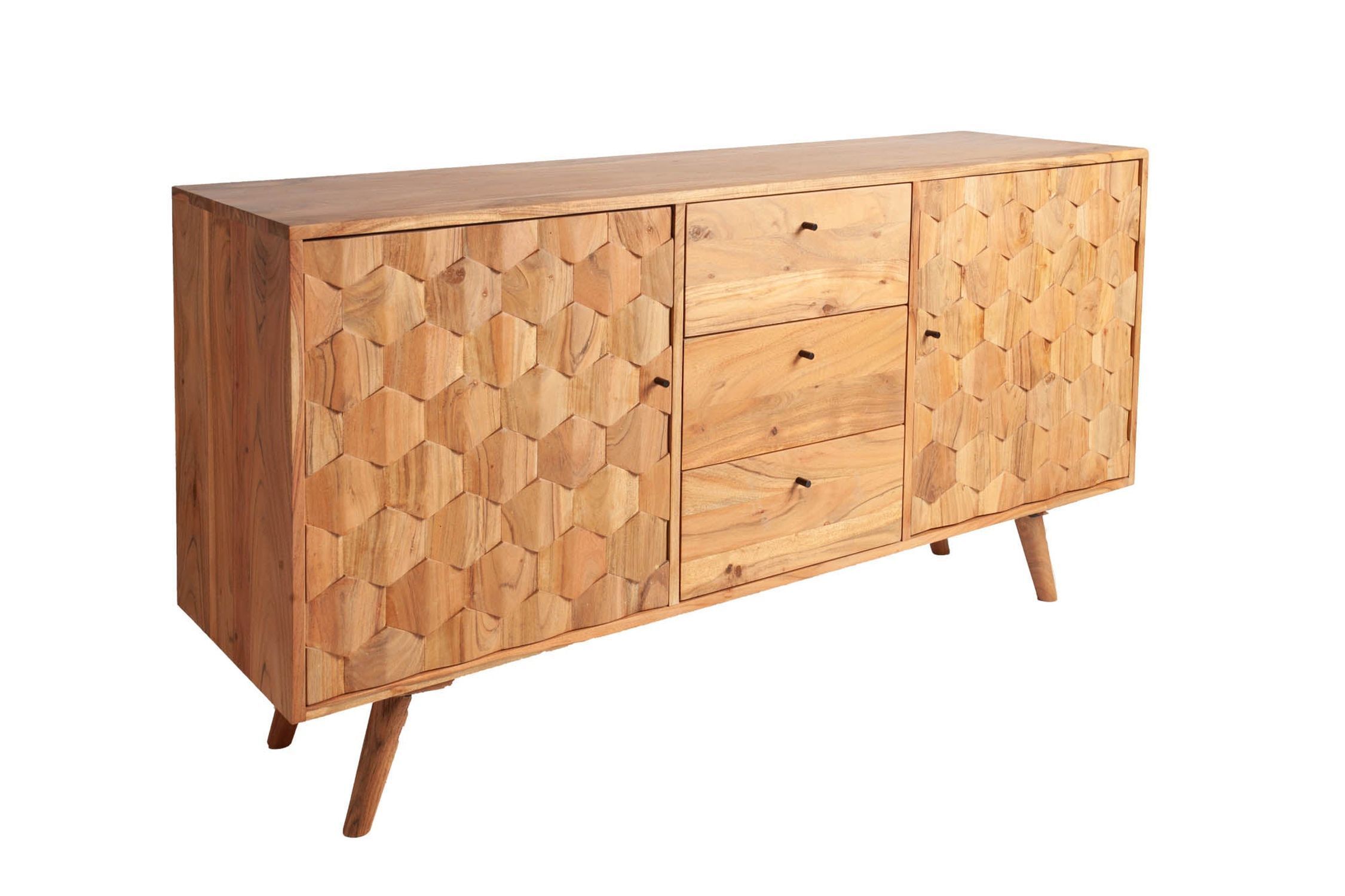 Sideboard acacia 145 x 75cm façades 3D rétro tiroirs portes