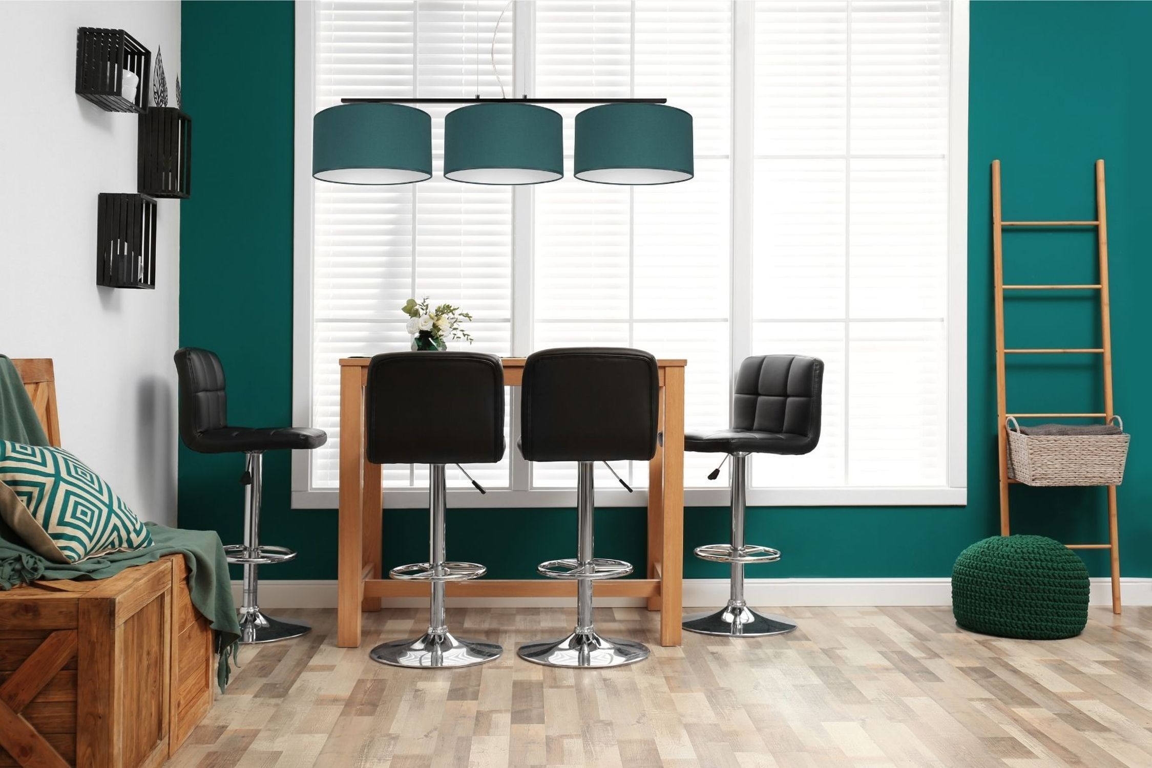 Blendarme Pendelleuchte Stoff Schwarz Grün E27 L:100 cm Esstischstuhl, Barhocker, Wohnzimmerdeko, Tealgrün, Holztisch