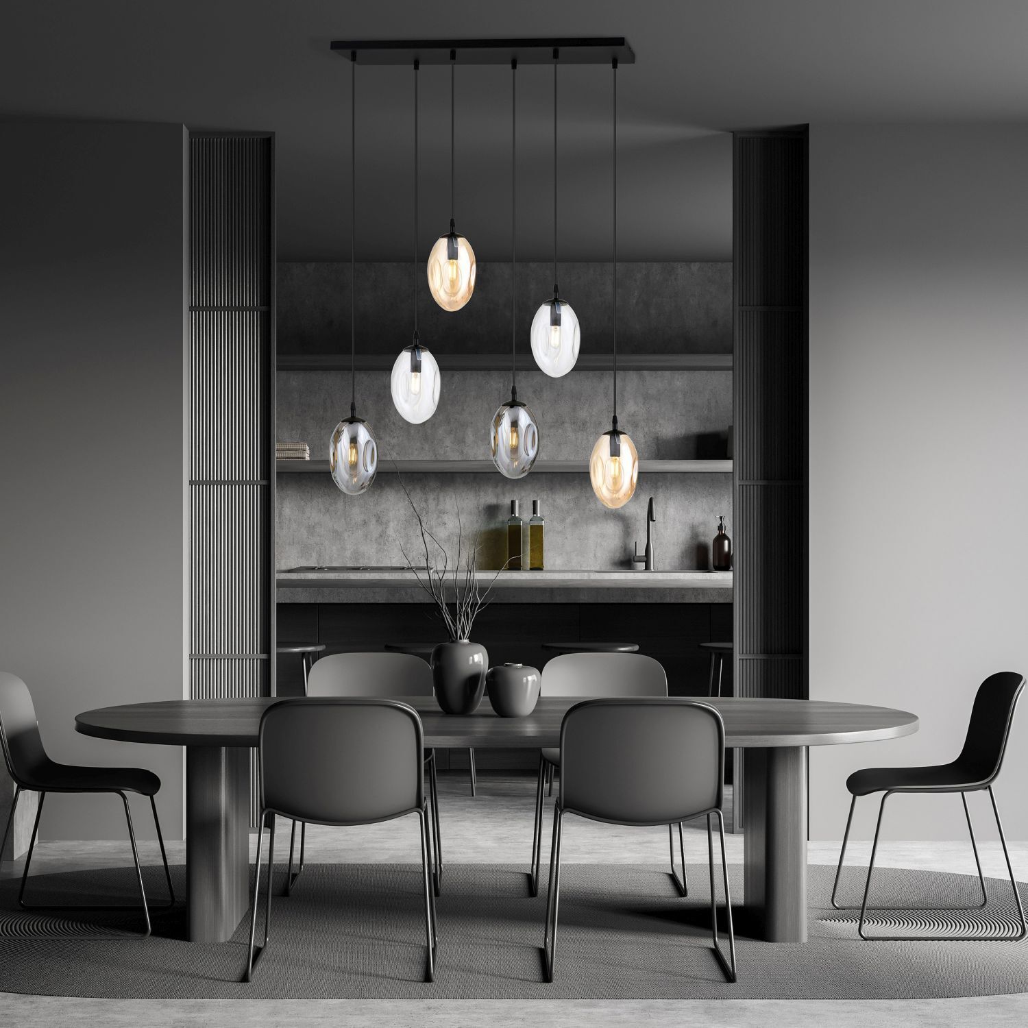 Lampe à suspendre 6 flammes verre fumé 70 cm de large CARLU