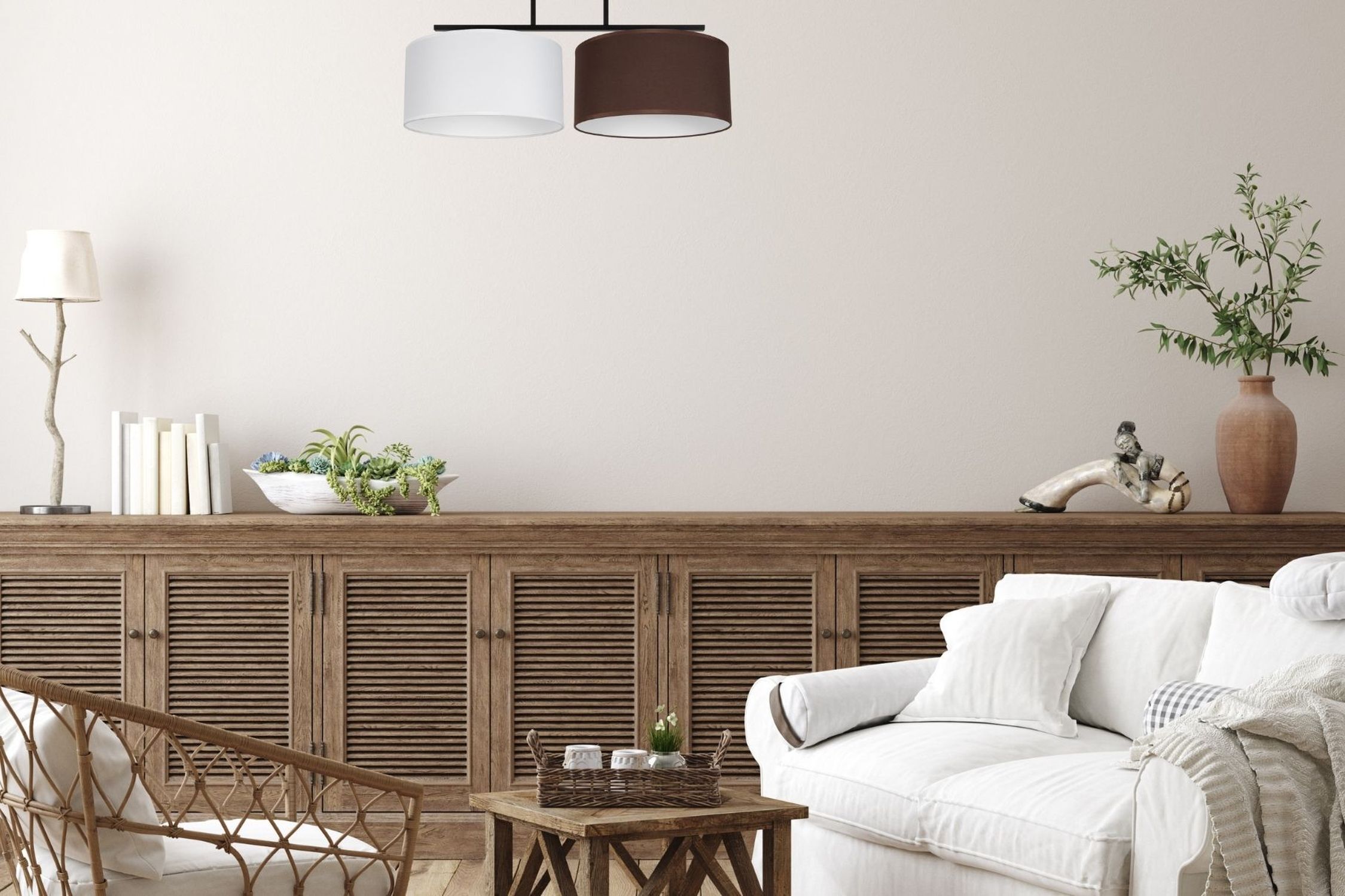 Blendarme Plafonnier Tissu Blanc Marron E27 L:70 cm Drinnen, Innenarchitektur, Wohnzimmer, Dekoration Ihres Zuhauses, Tabelle