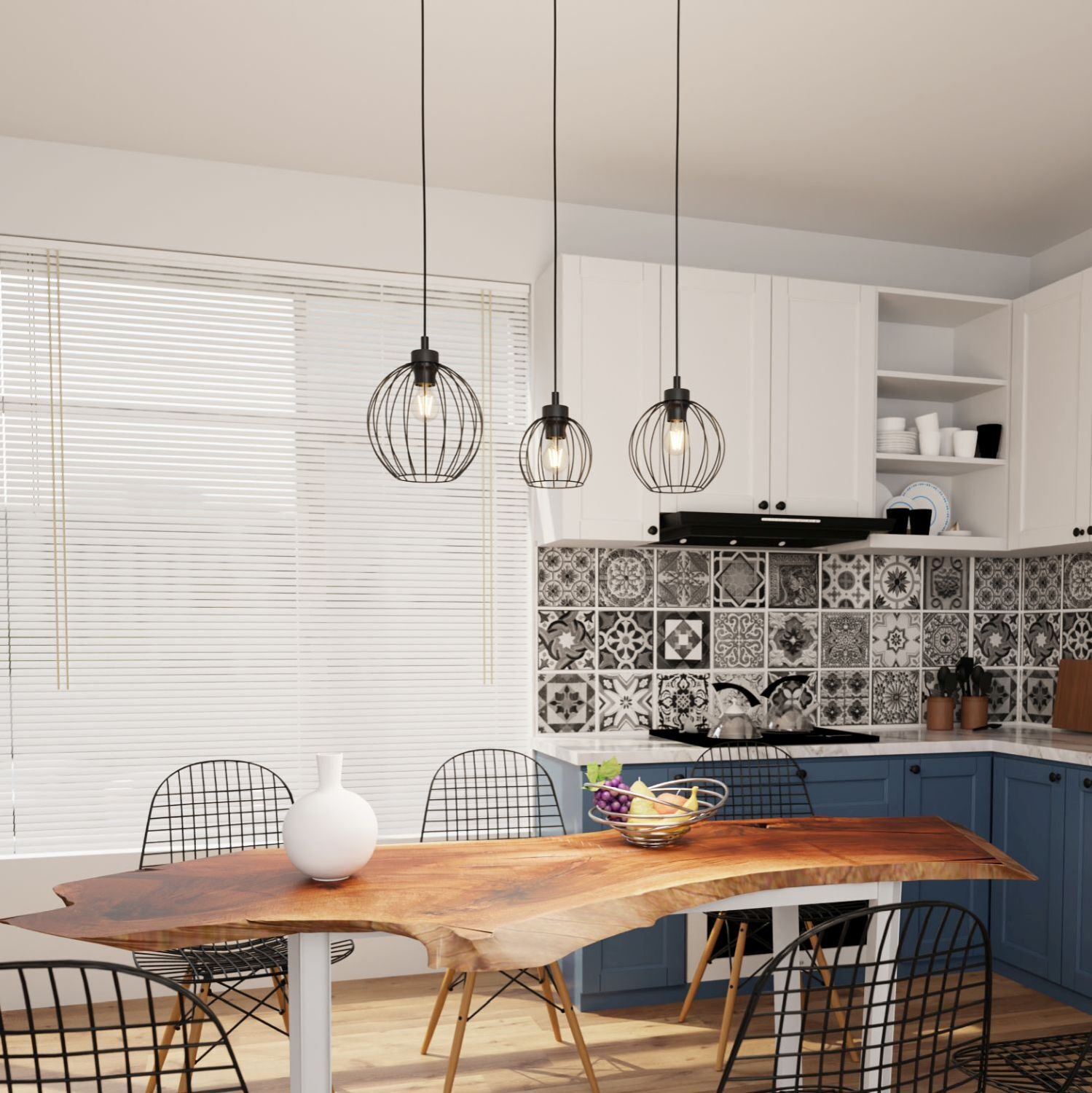 Lange Pendelleuchte Draht E27 L:77 cm Metall Schwarz Küche, Pendelleuchten, Fliesenrückwand, Holztisch, Metallkorbstuhl