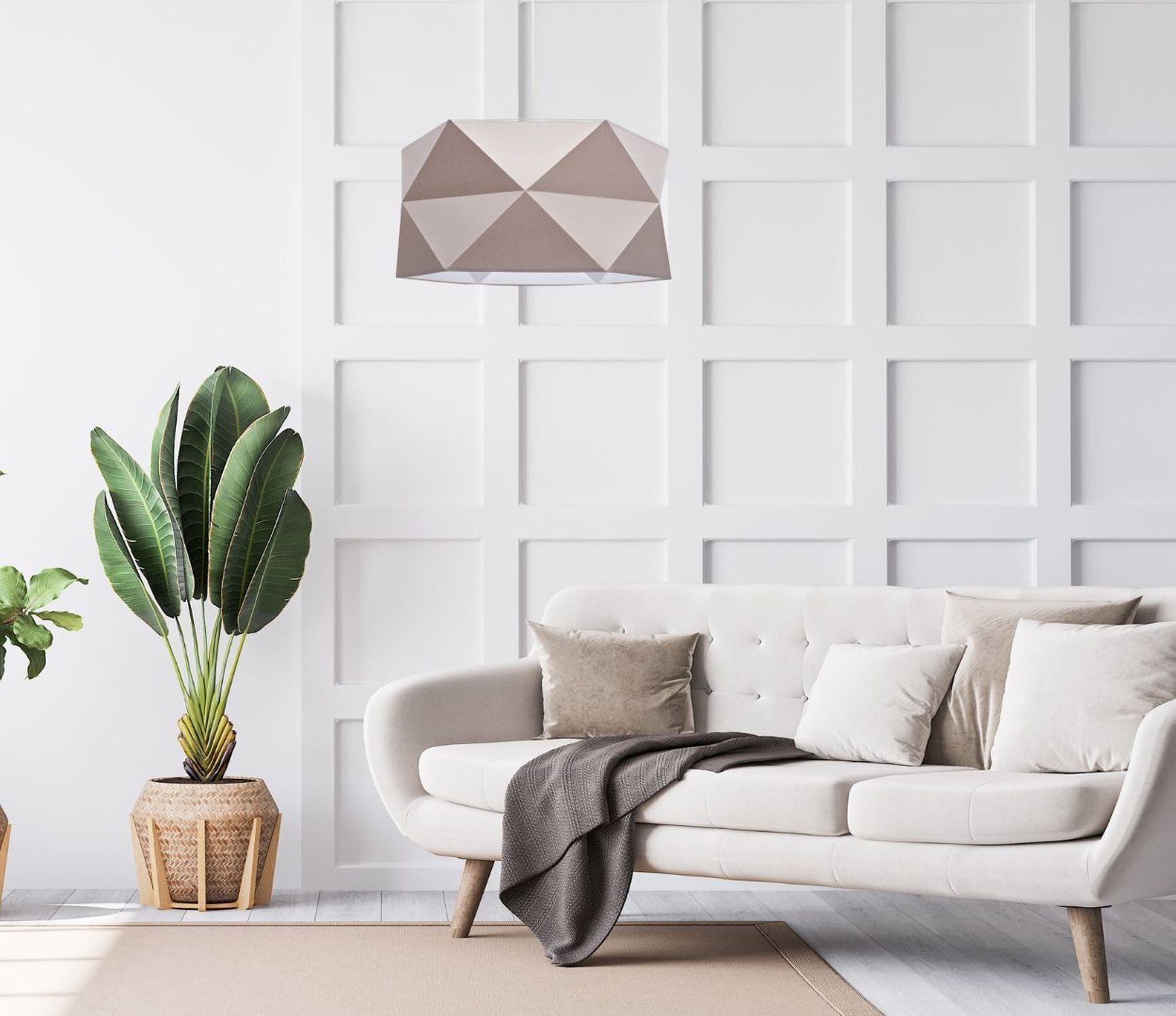 Pendelleuchte Stoffschirm Weiß Braun blendarm E27 L:70 sofa, wohnzimmer, couch, pflanze, leuchte