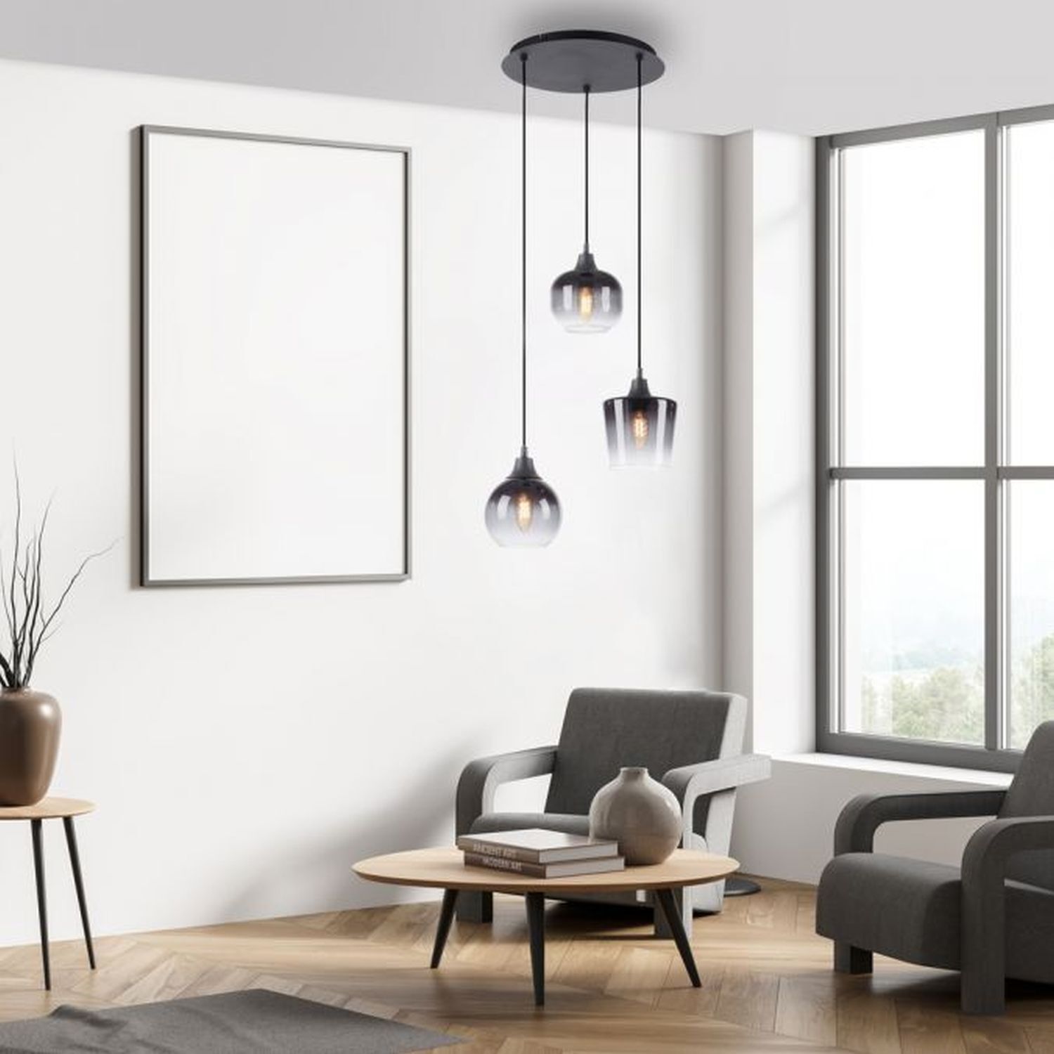Suspension verre métal gris fumé noir E14 L:38 cm