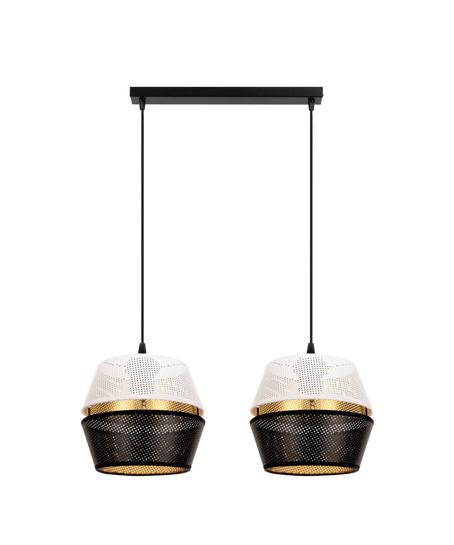 Longue lampe suspendue 2 flammes métal noir blanc or