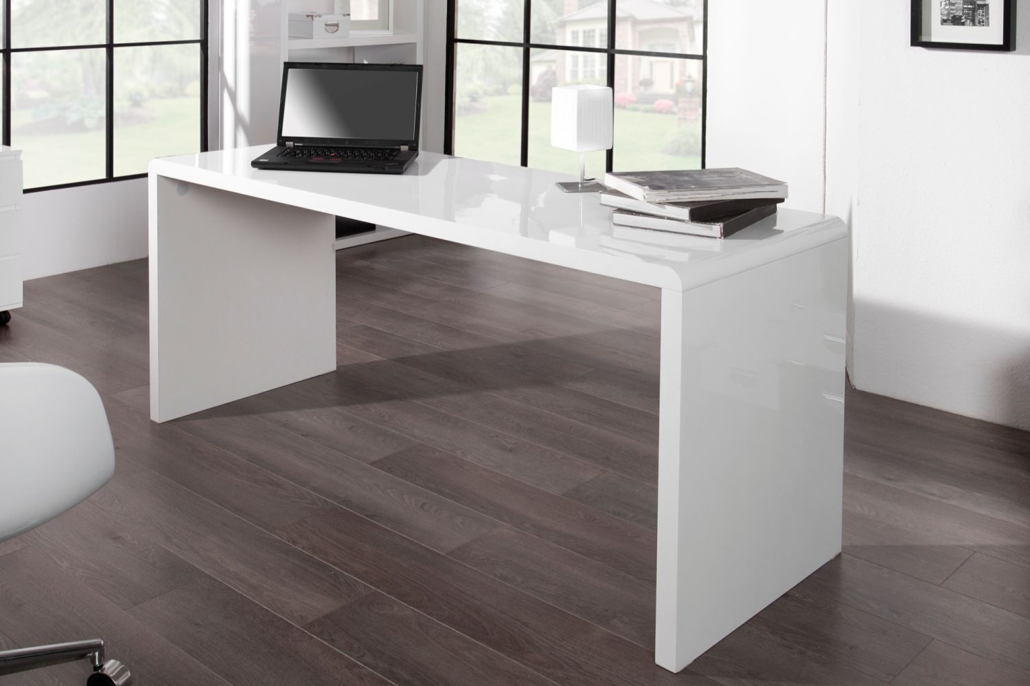 Schreibtisch MDF lackiert 140 cm in Weiß Hochglanz Moebel, Tabelle, Schreibtisch, Fußboden, Laptop