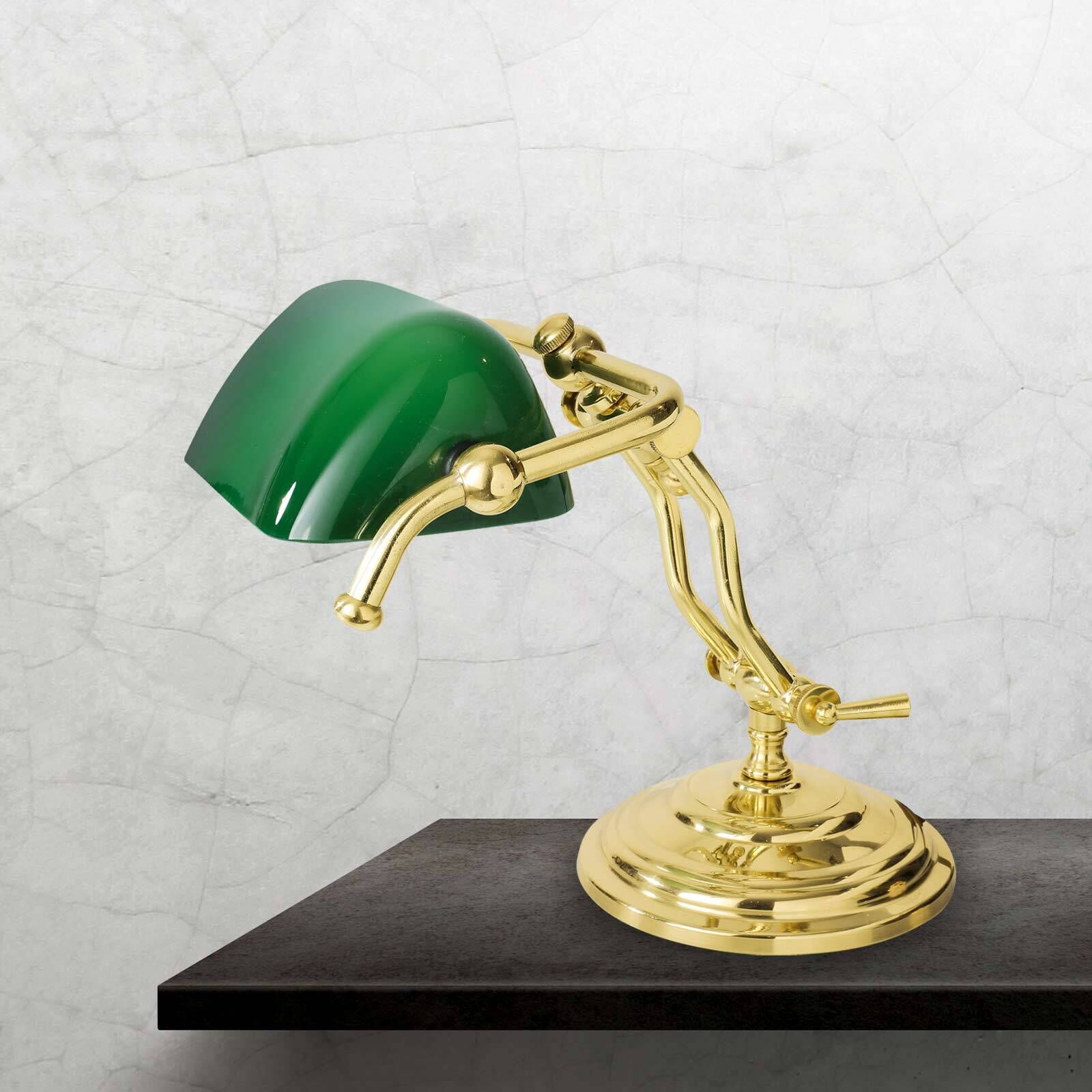Lampe de banquier E14 23 cm en laiton poli vert verre