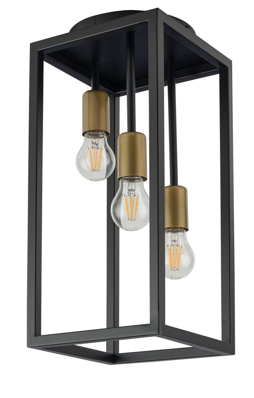 Plafonnier 3 flammes noir or métal E27 Retro