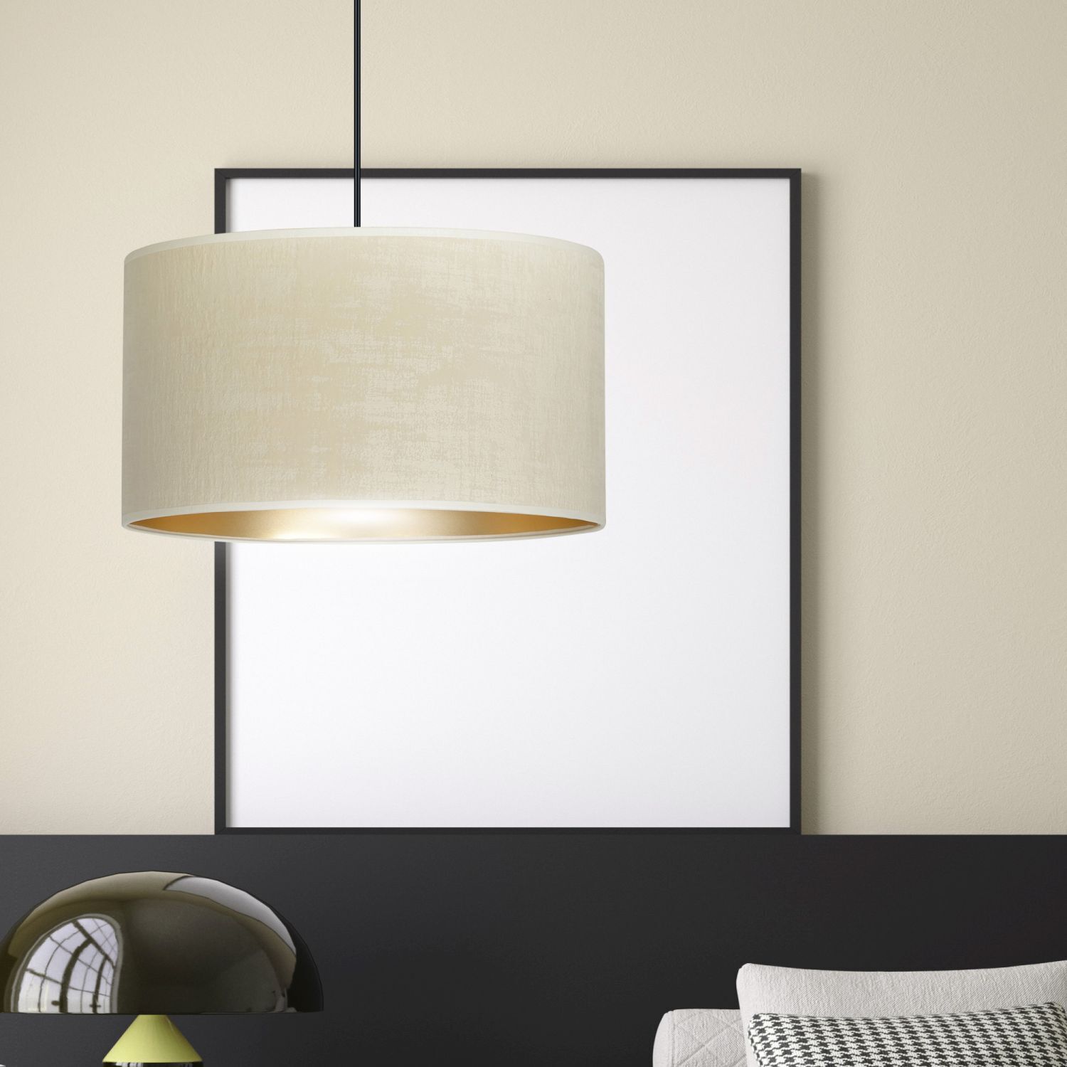 Lampe à suspendre tissu Ø 35 cm rond blanc or noir E27