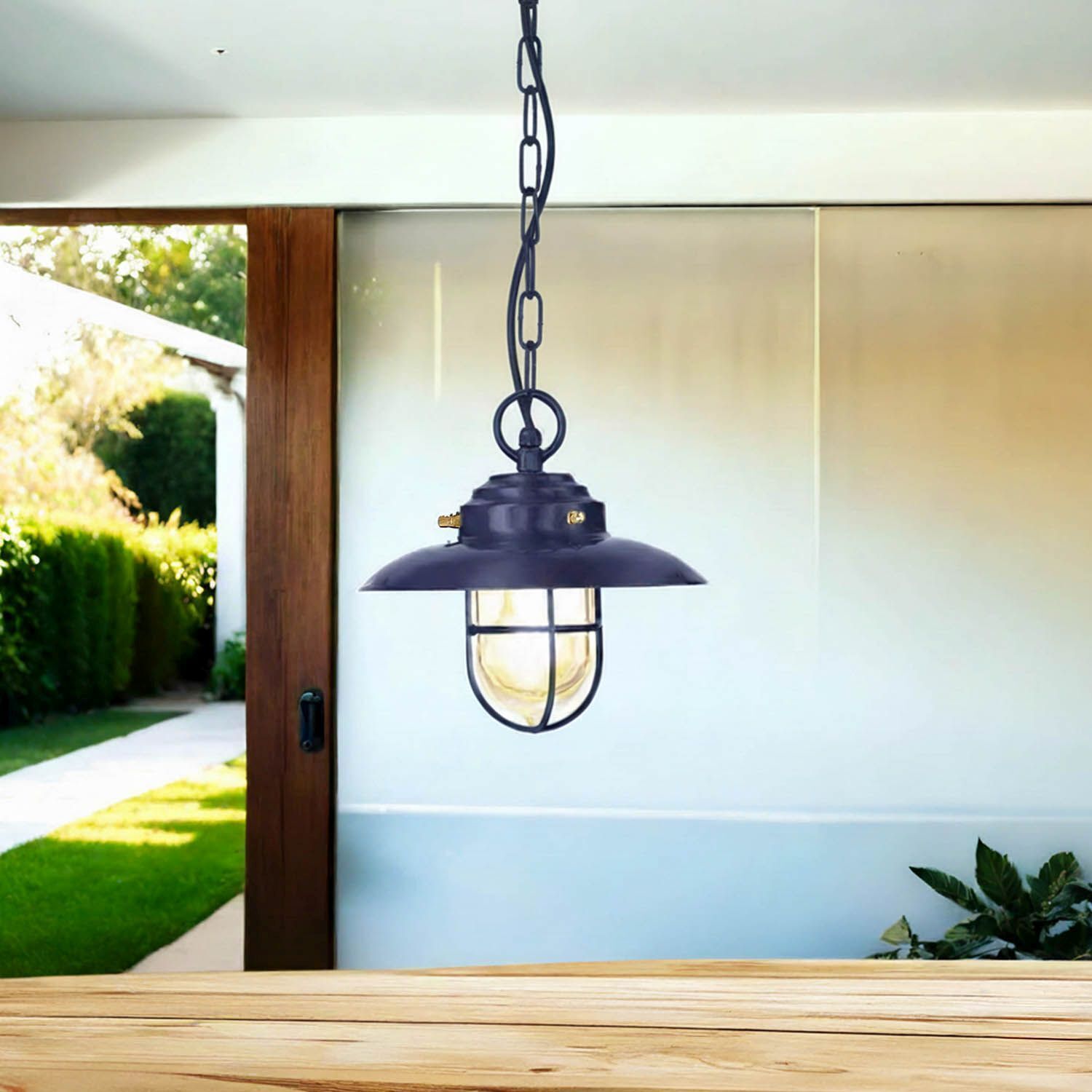 Hängeleuchte außen Messing Glas E27 IP54 Ø 23 cm Blau