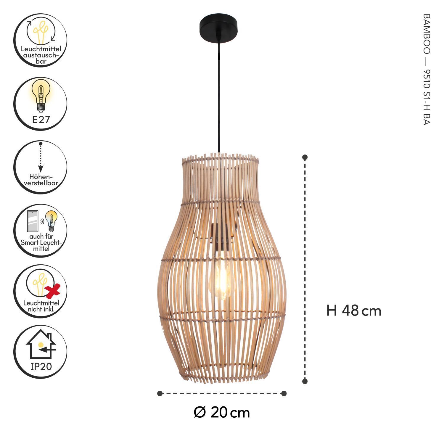 Moderne Pendelleuchte Bambus Natur Schwarz Ø30 cm E27 Hängeleuchte, Korb-Lampe, Holzlampe, Pendelleuchte, Durchmesser 20cm