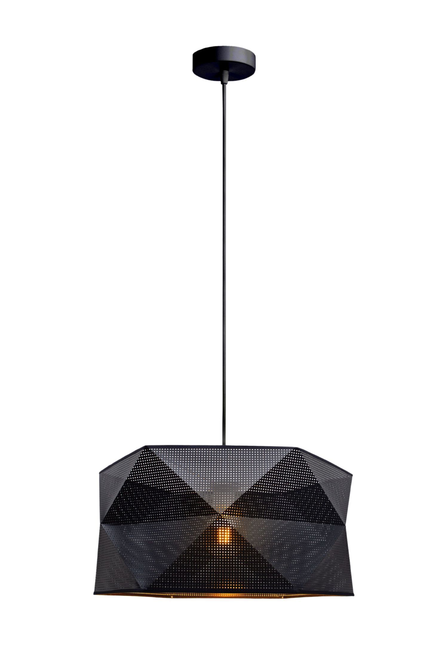 pendant light, geometric shade, black lamp, perforated shade, ceiling light