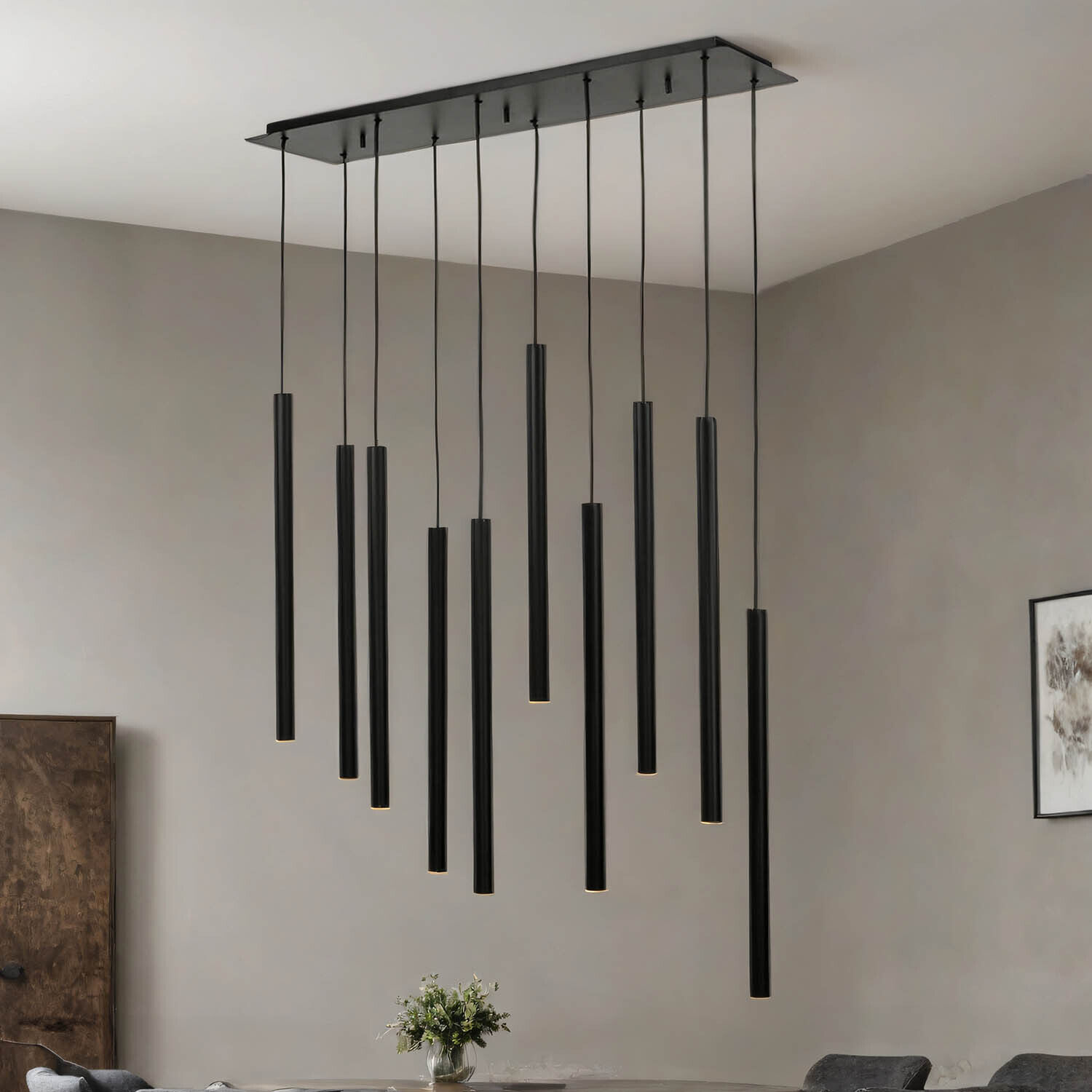 pendelleuchte-esstisch-10-flammig-schwarz-modern-design--1 hängelampe, pendellicht, schwarz, minimalistisch, zimmerbeleuchtung