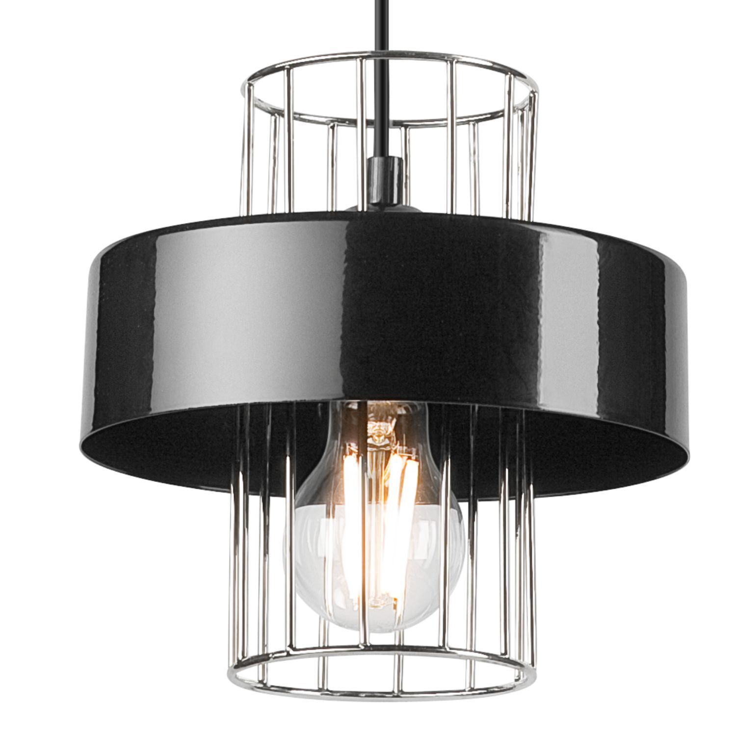 Lampe à suspendre métal noir chrome Ø 20 cm E27 réglable en hauteur