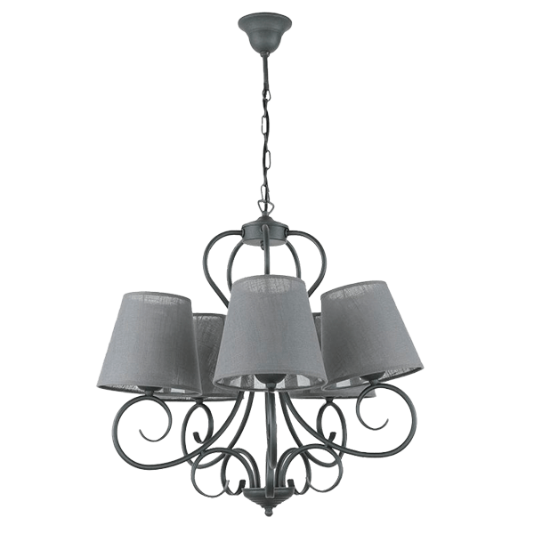 Kronleuchter, Deckenleuchte, Metallrahmen, Graue Schirme, Gezackte/geschwungene Arme