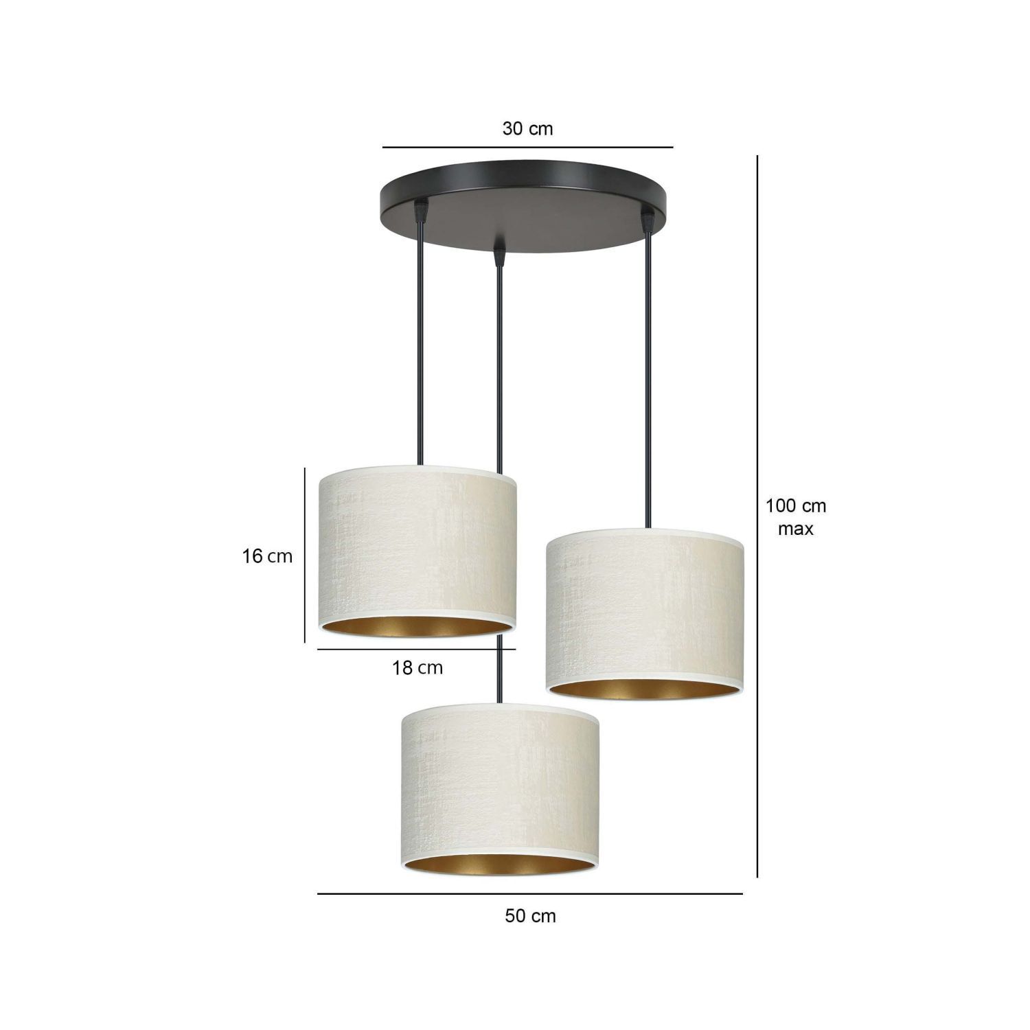 Suspension Blanc Or Noir Métal Tissu E27 3 flammes